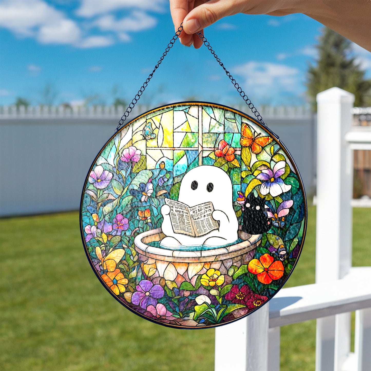 Netecom Ghost in Bathtub Stained Glass Sun Catcher – Whimsical Window Hanging, Perfect Gift for Fun Decor Lovers