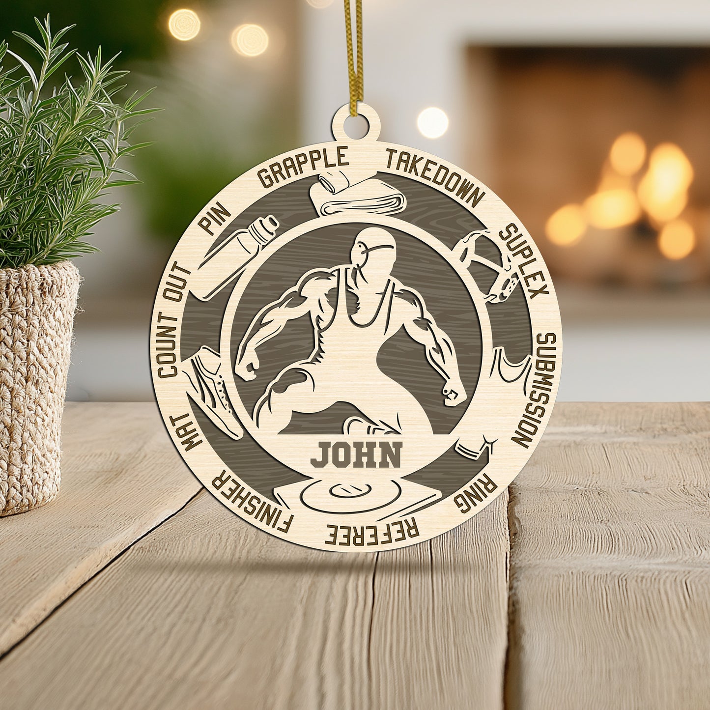Netecom Personalized Wrestling Christmas Ornament – Custom Wooden Ornament for Wrestlers with Name & Terms
