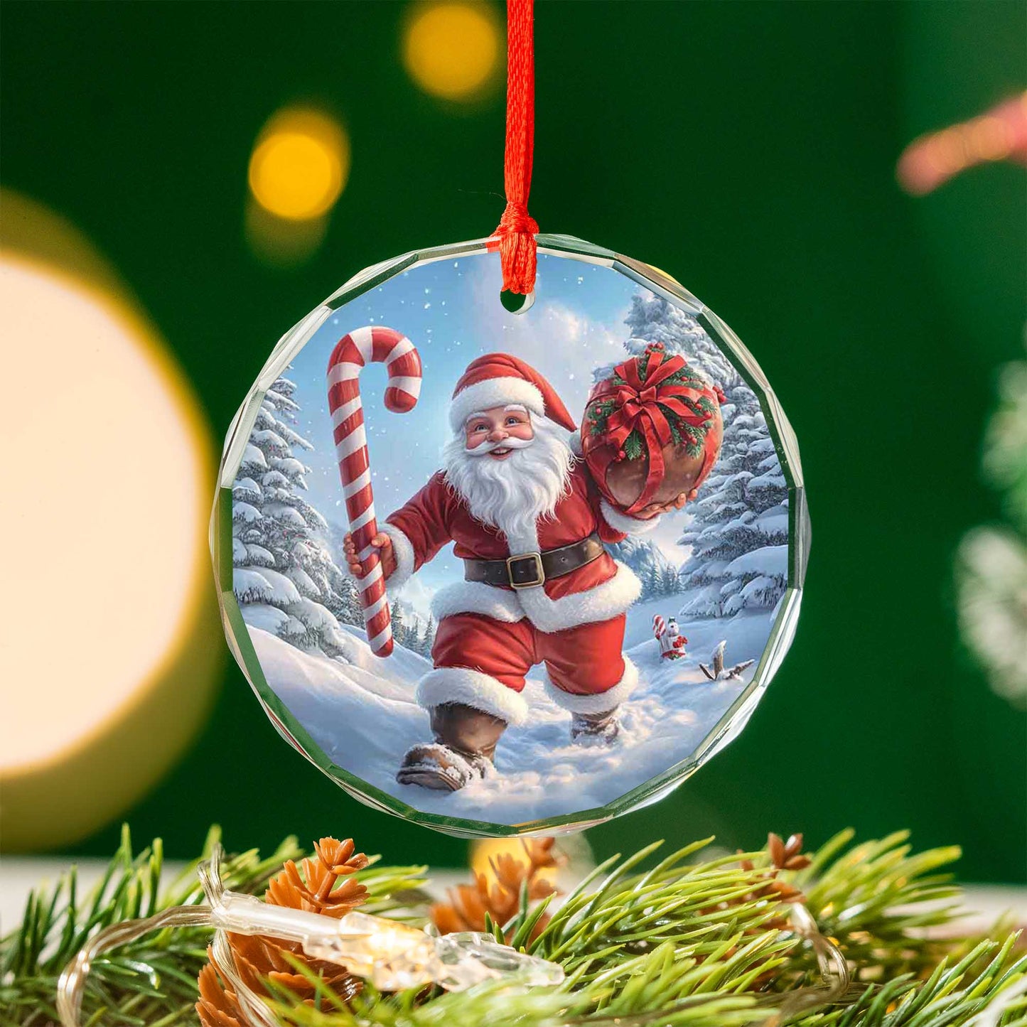 Netecom Santa Claus Walking in Snow Glass Ornament – Christmas Tree Decor with Candy Cane, Holiday Gift, 3 in
