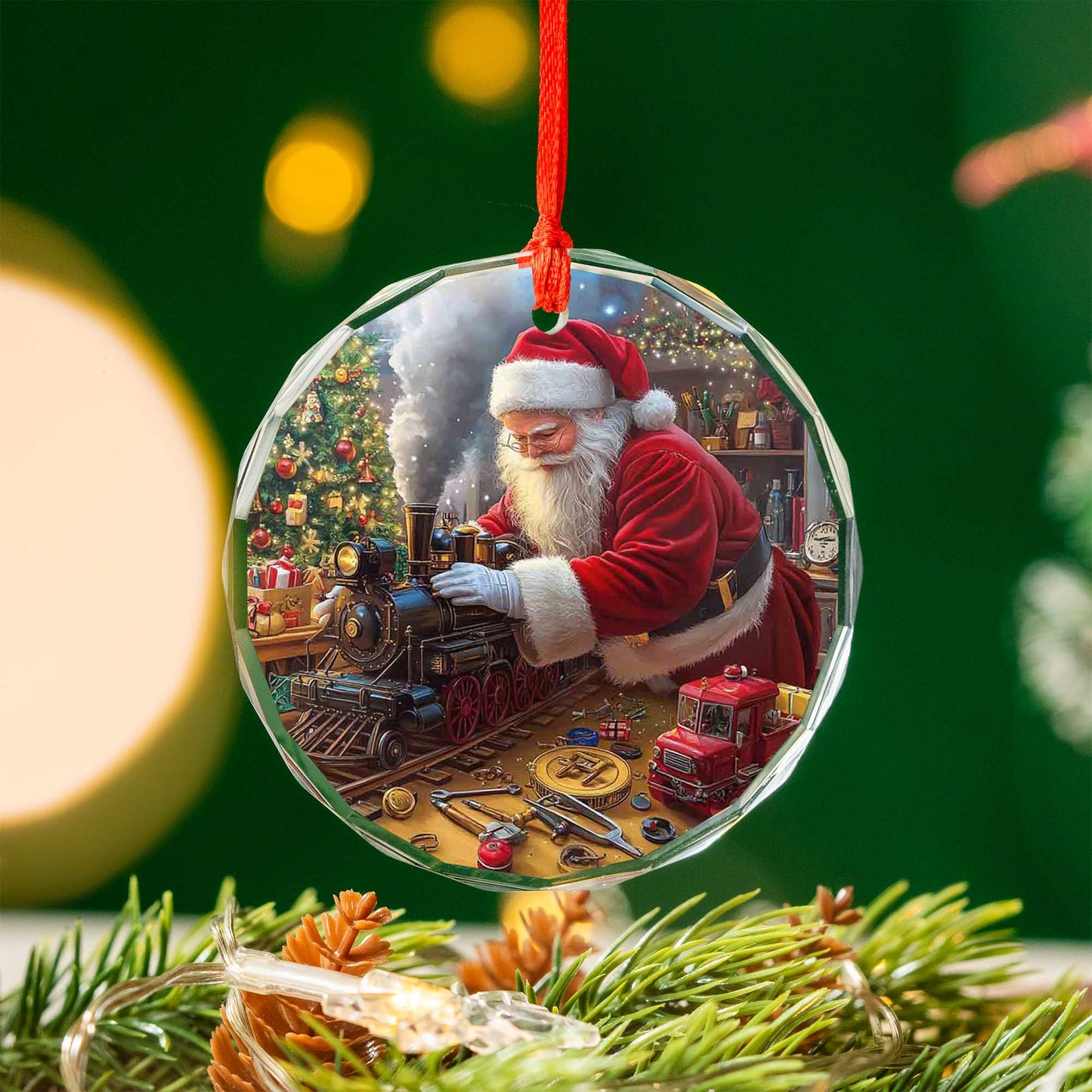 Netecom Santa Claus in Toy Workshop Glass Ornament – Christmas Tree Decoration, Holiday Keepsake Gift, 3 in