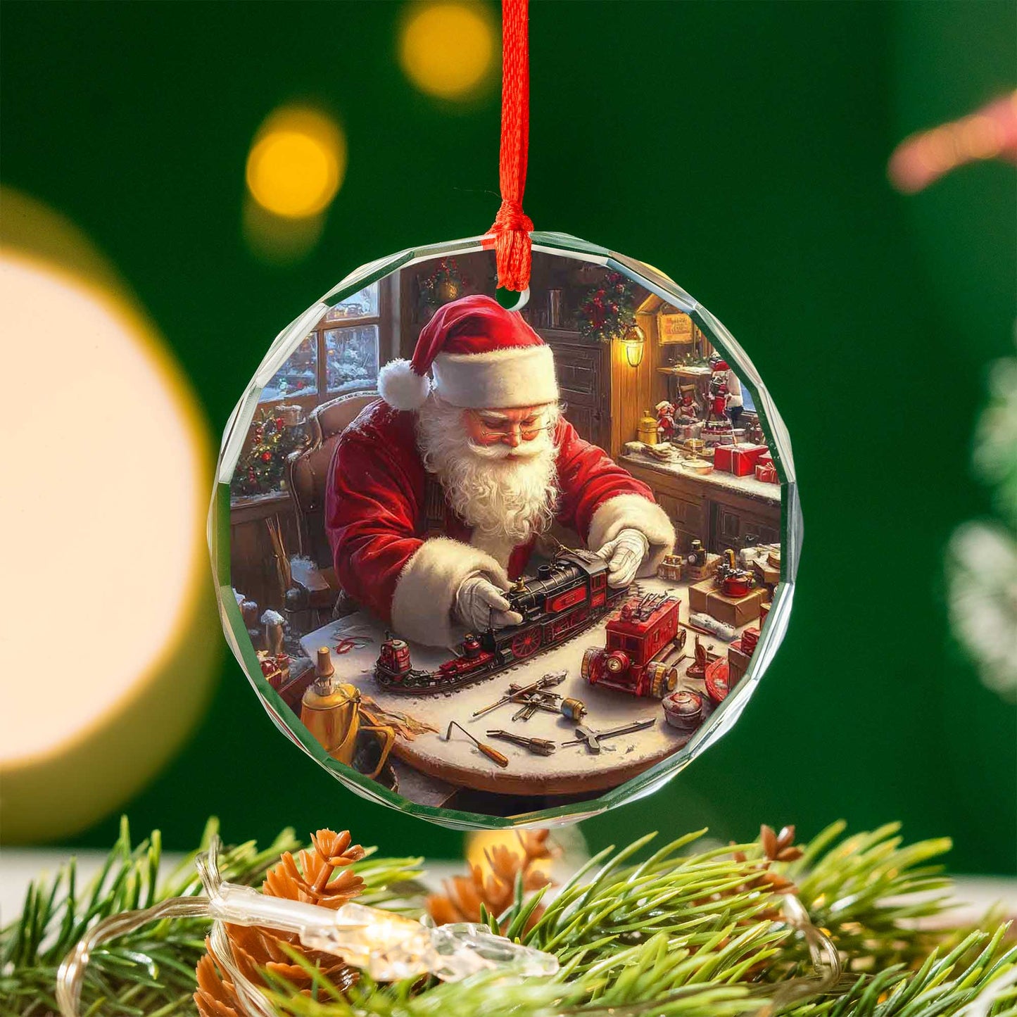 Netecom Santa Claus Making Toys Glass Ornament – Christmas Tree Decoration, Holiday Keepsake, 3 in