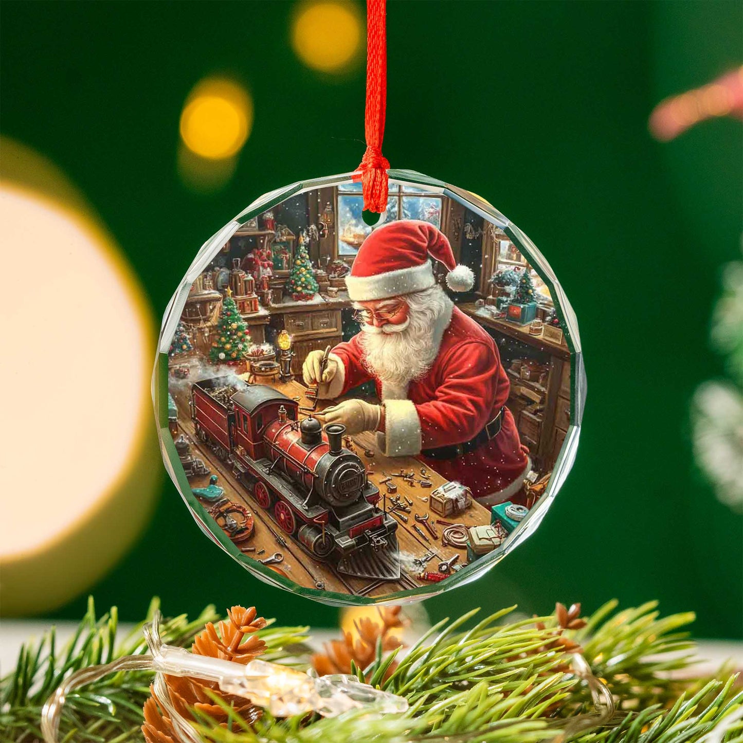 Netecom Santa Claus with Toy Train Glass Ornament – Christmas Tree Decor, Festive Holiday Gift, 3 in