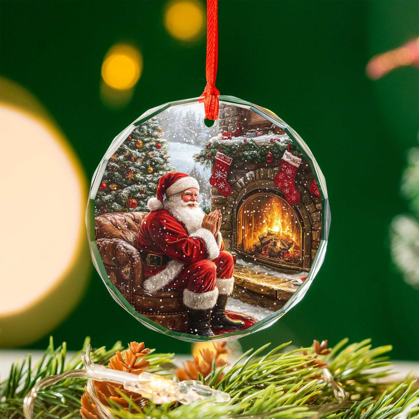 Netecom Santa Claus Sitting by Fireplace Glass Ornament – Cozy Christmas Tree Decor, Perfect Holiday Gift, 3 in
