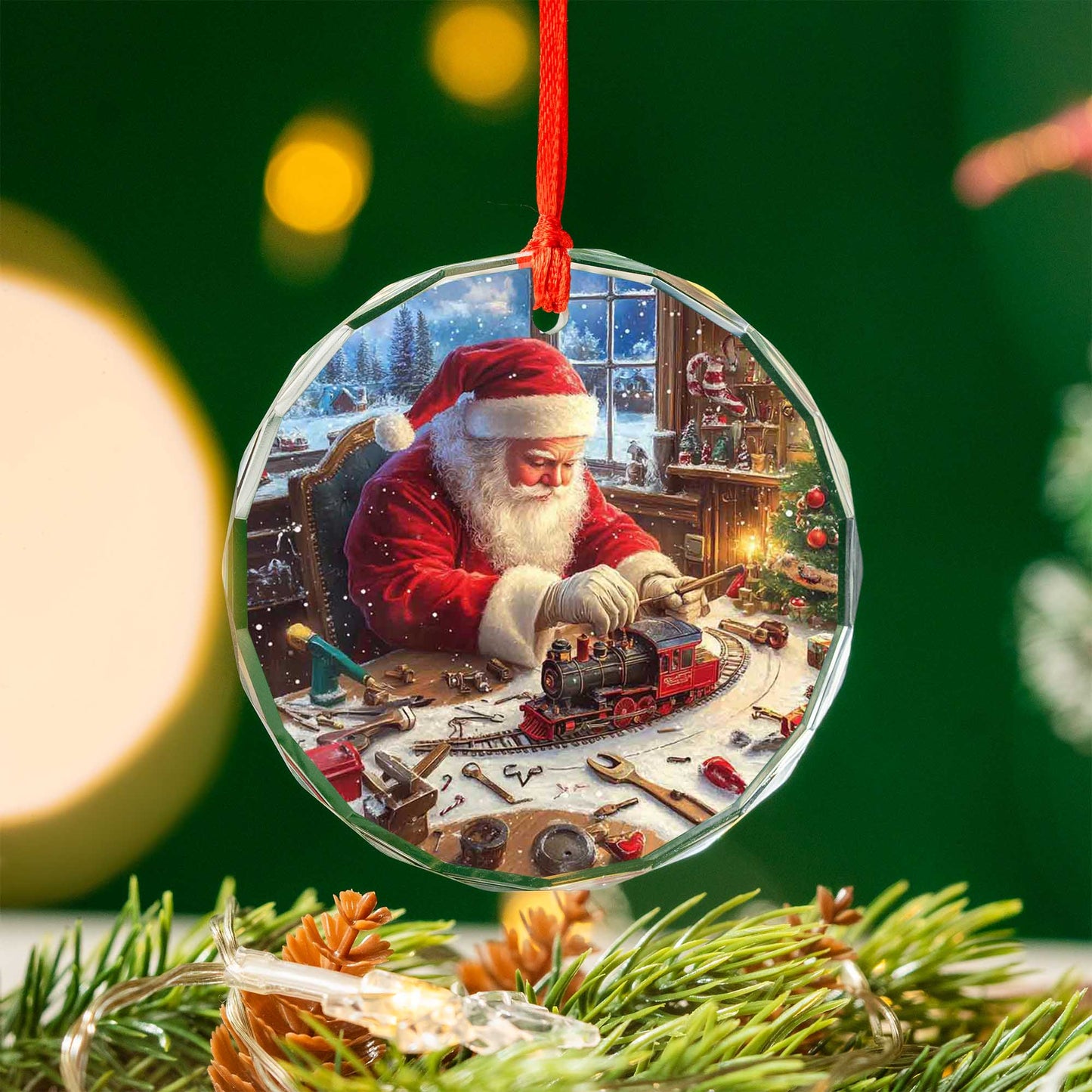 Netecom Classic Santa with Toy Train Glass Ornament – Christmas Tree Decor, Perfect Gift for Train Enthusiasts, 3-inch