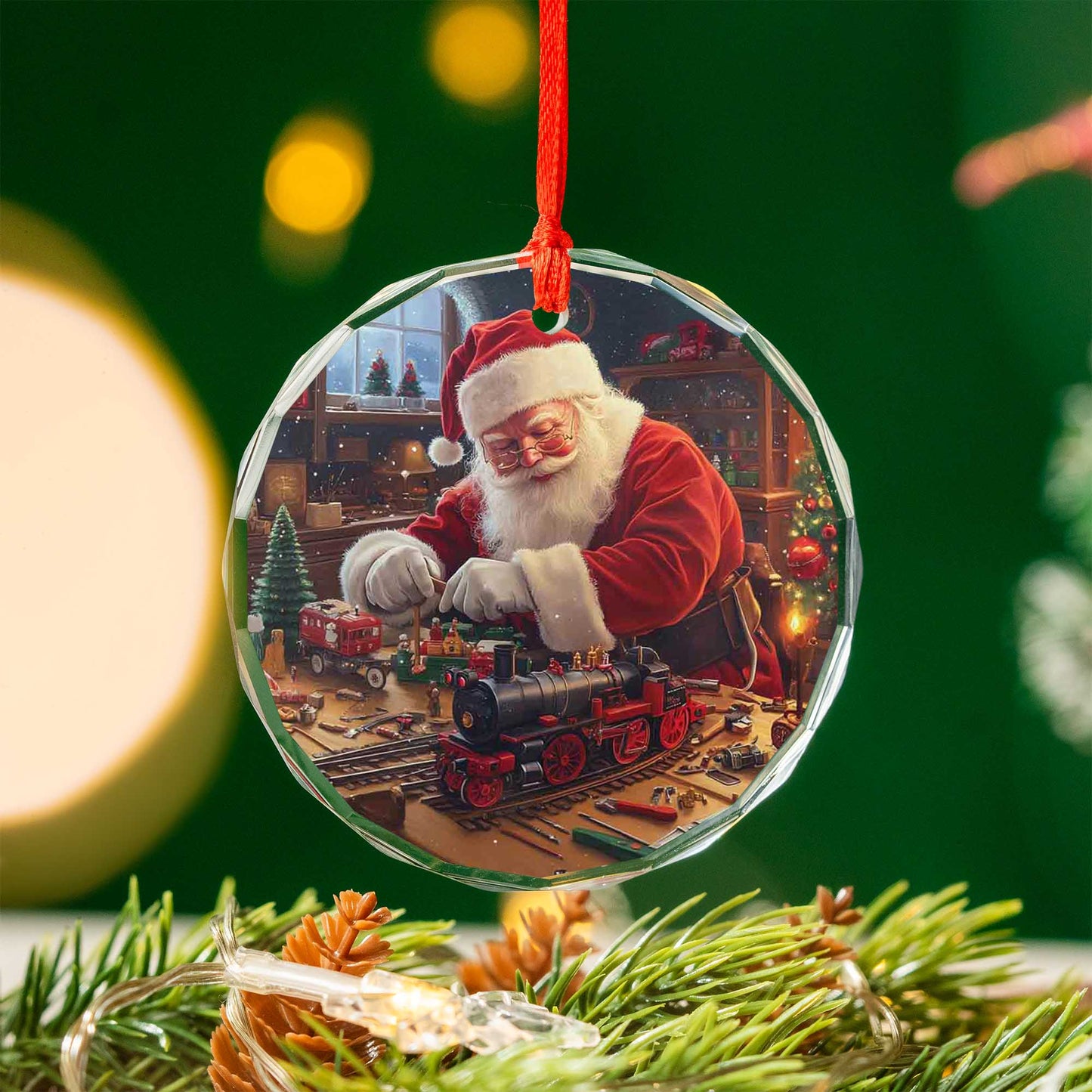 Netecom Santa's Workshop Toy Train Glass Ornament – Festive Christmas Tree Decoration, Handcrafted Holiday Keepsake, 3-inch