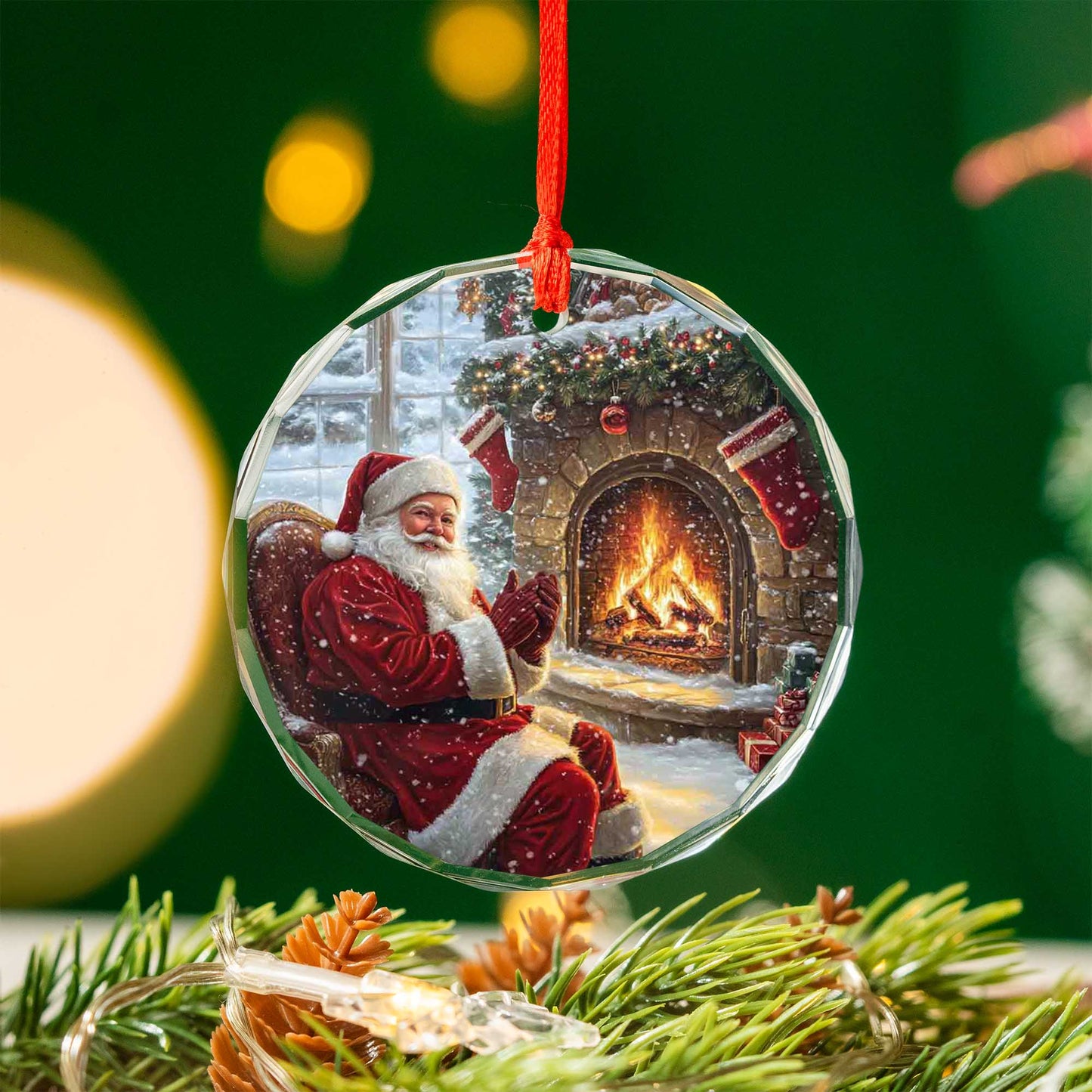 Netecom Relaxing Santa with Fireplace & Stockings Glass Ornament – Traditional Christmas Tree Decoration, Holiday Keepsake, 3-inch