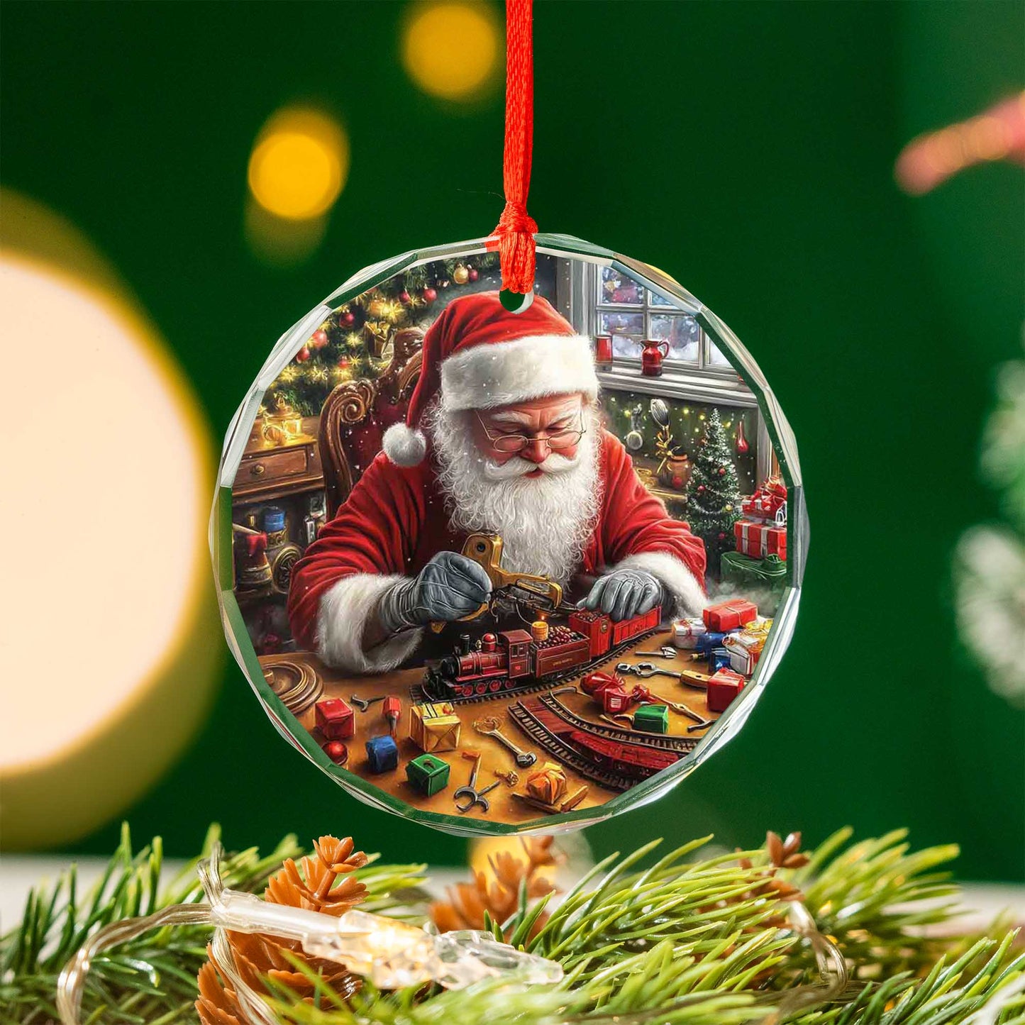 Netecom Santa Claus Making Toys Glass Ornament – Christmas Workshop Train Scene, Festive Holiday Keepsake Gift, 3-inch
