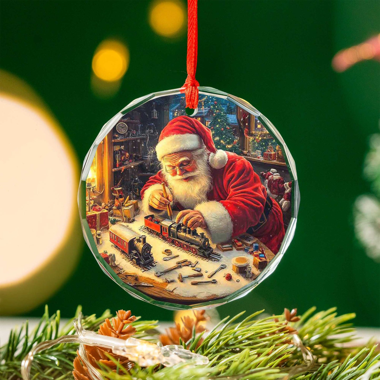 Netecom Classic Santa with Toy Train & Tools Ornament – Christmas Workshop Scene, Unique Holiday Decor & Gift Idea, 3-inch