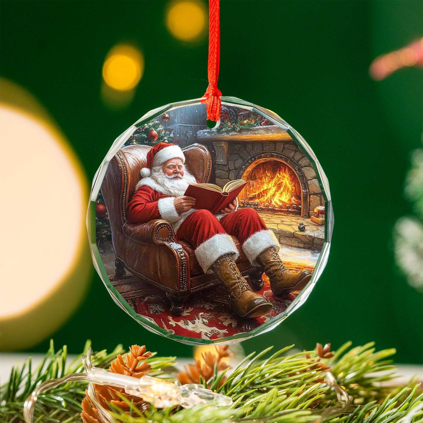 Netecom Santa Claus Reading by the Fireplace Glass Ornament – Cozy Armchair Scene, Christmas Tree Decor & Keepsake Gift, 3-inch