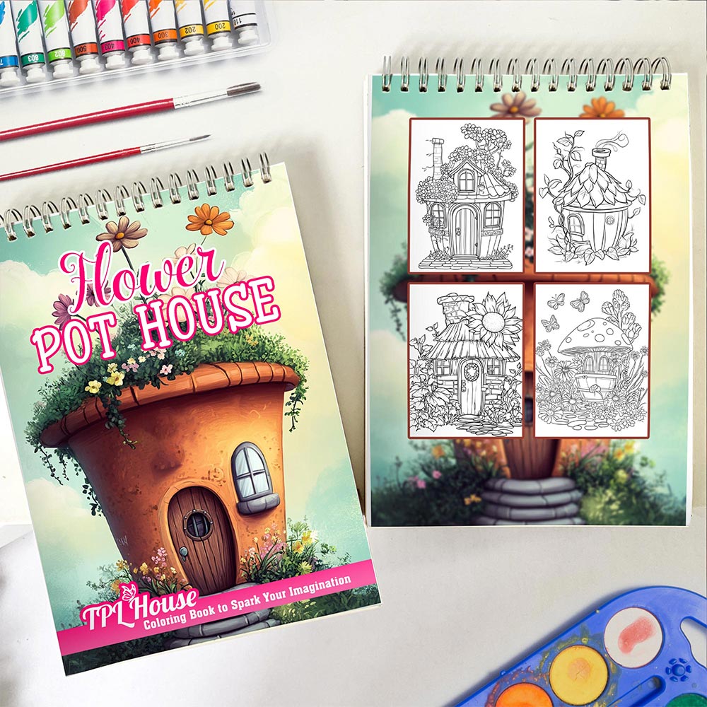 Flower Pot House Coloring Book Spiral Bound for Adult