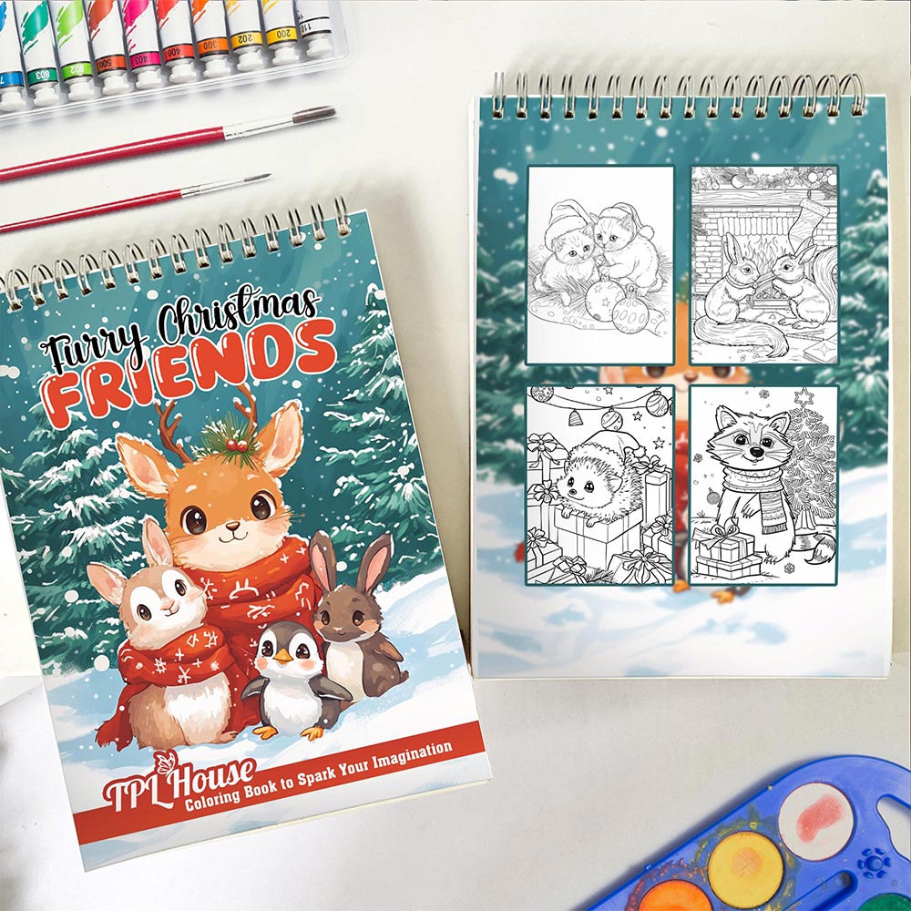 Furry Christmas Friends Coloring Book Spiral Bound for Adult