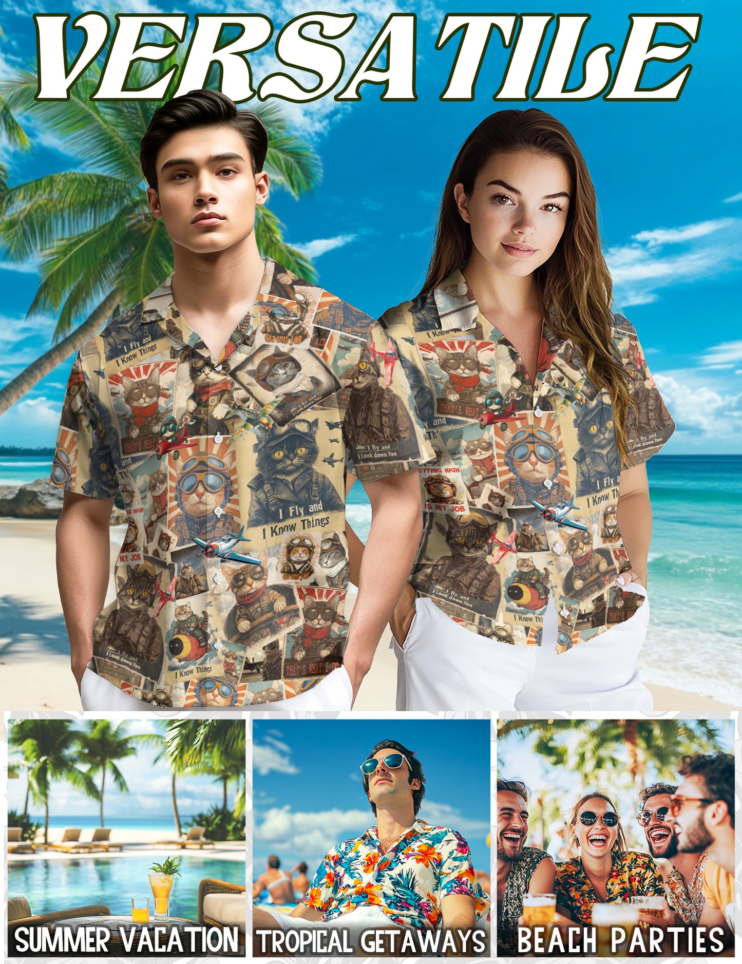 Netecom Retro Pilot Cat Hawaiian Shirt for Men, Cat Lover Gifts, Animal Button Down Summer Beach Short Sleeve Shirts
