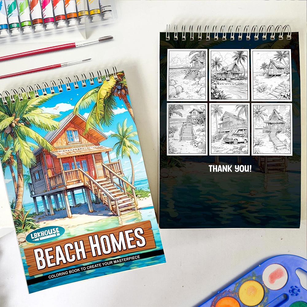 LBKHOUSE Beach Homes Spiral Coloring Book for Adult