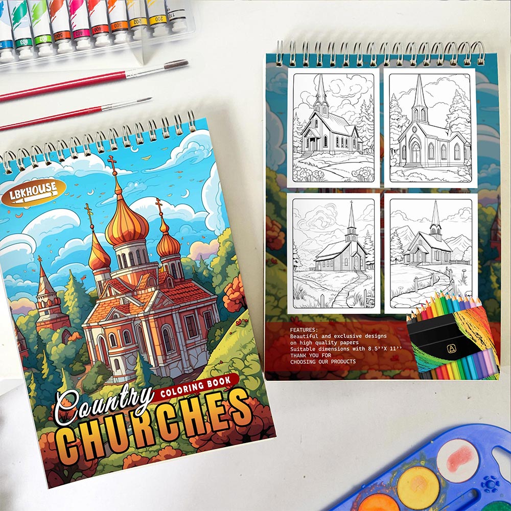 LBKHOUSE Country Churches Spiral Coloring Book for Adult
