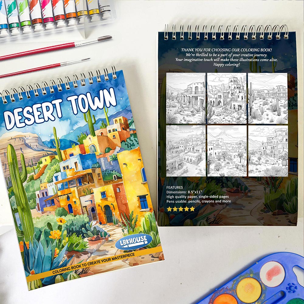 LBKHOUSE Desert Town Spiral Coloring Book for Adult