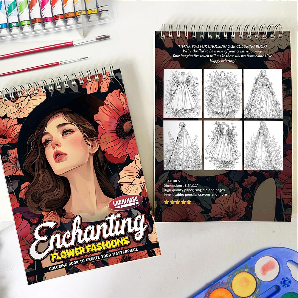 LBKHOUSE Enchanting Flower Fashions Spiral Coloring Book for Adults