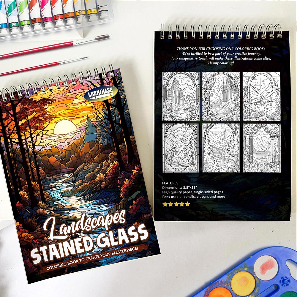 LBKHOUSE Landscapes Stained Glass Spiral Coloring Book for Adults