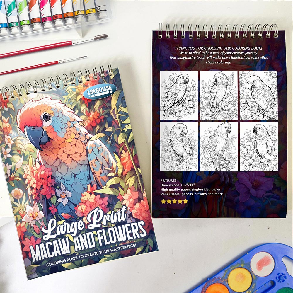 LBKHOUSE Large Print Macaw and Flowers Spiral Coloring Book for Adult