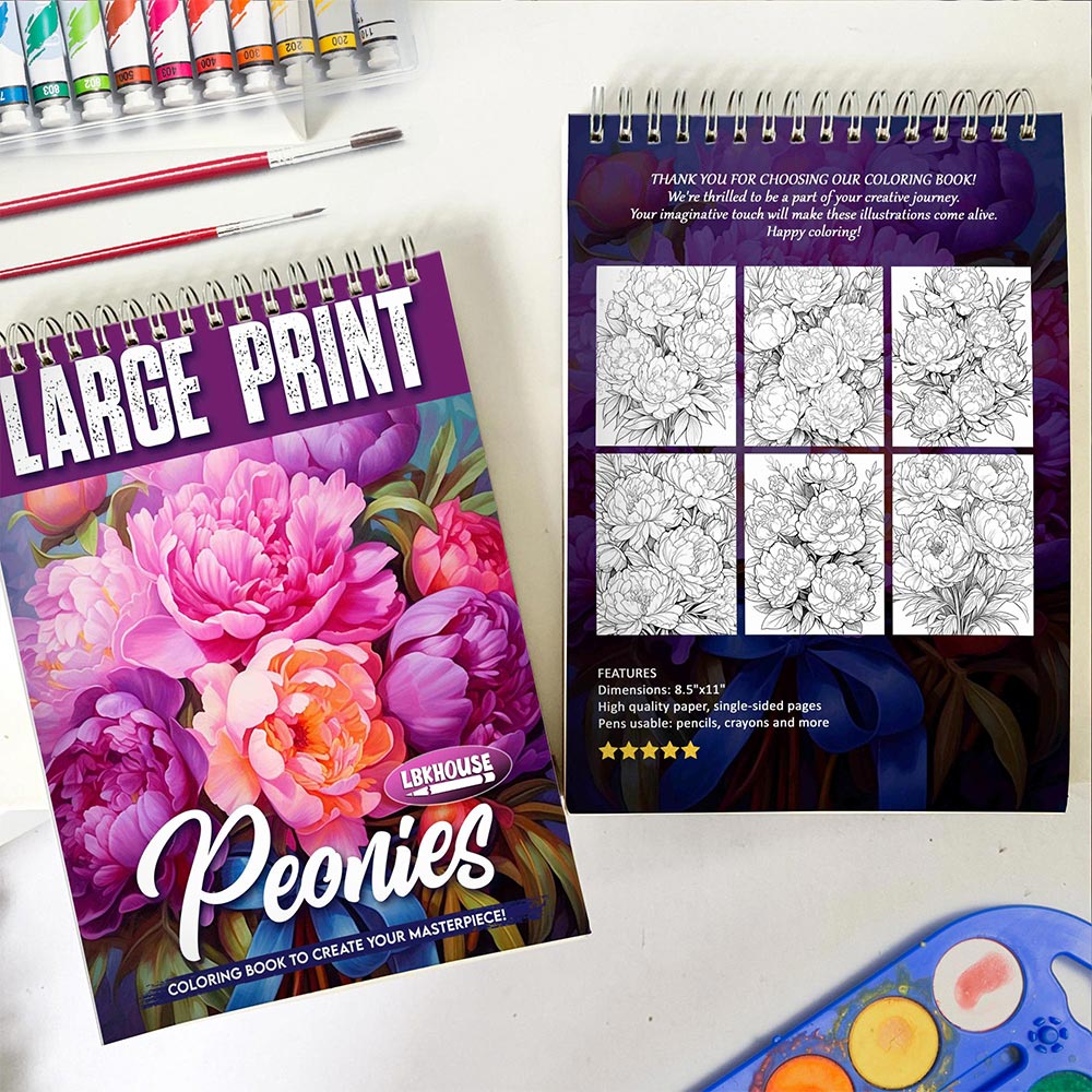 LBKHOUSE Large Print Peonies Spiral Coloring Book for Adults