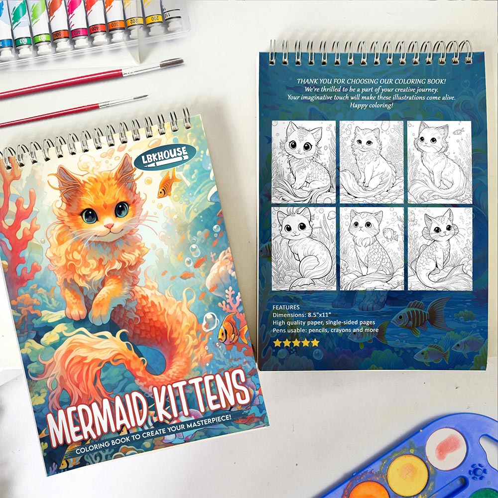 LBKHOUSE Mermaid Kittens Spiral Coloring Book for Adult