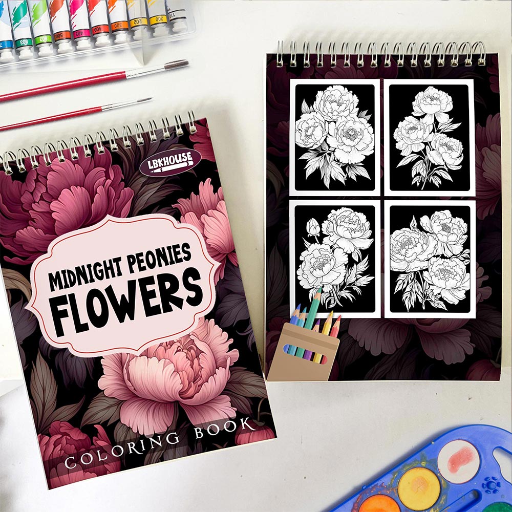 LBKHOUSE Midnight Peonies Flowers Spiral Coloring Book for Adult