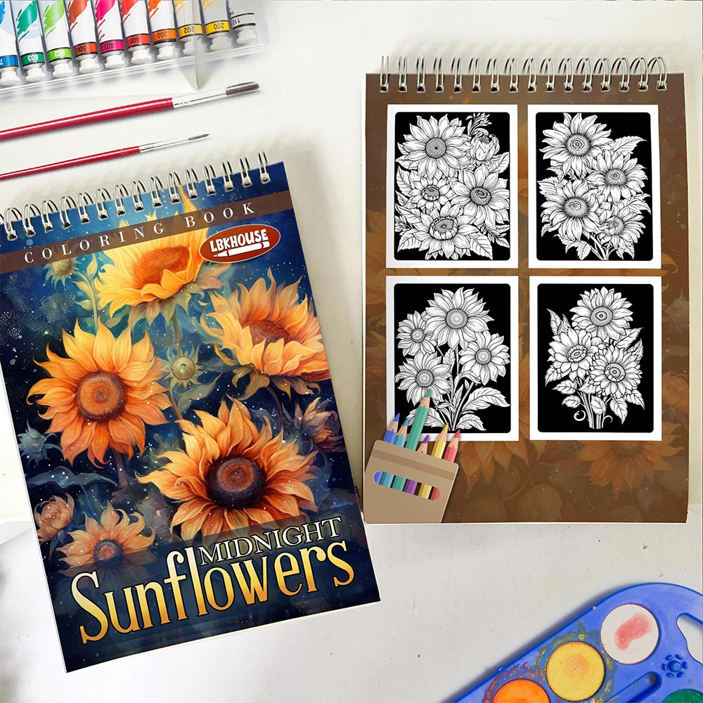 LBKHOUSE Midnight Sunflowers Spiral Coloring Book for Adult