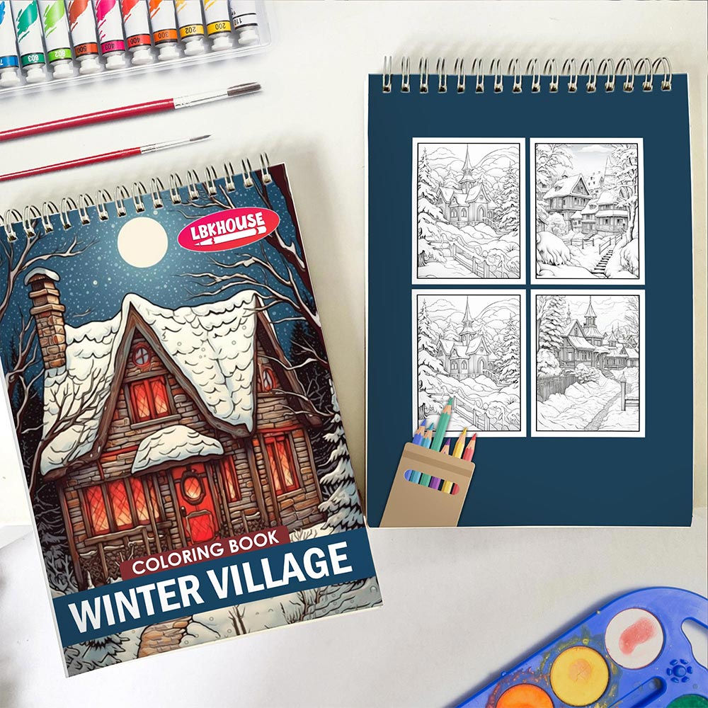 LBKHOUSE Winter Village Spiral Coloring Book for Adults