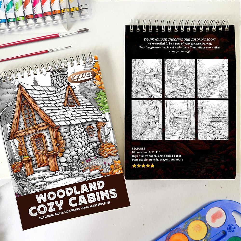 LBKHOUSE Woodland Cozy Cabins Spiral Coloring Book for Adult