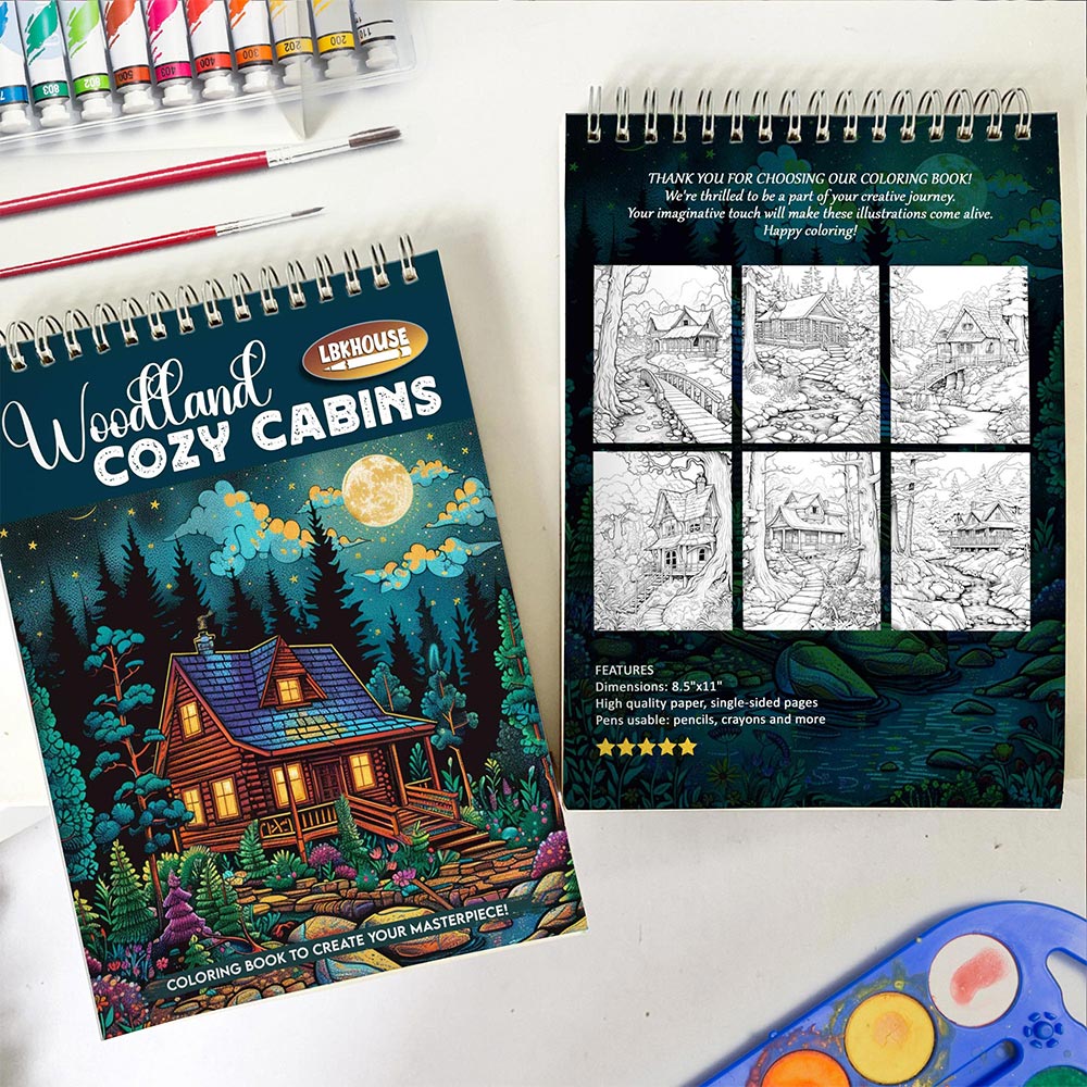 LBKHOUSE Woodland Cozy Cabins Spiral Coloring Book for Adults