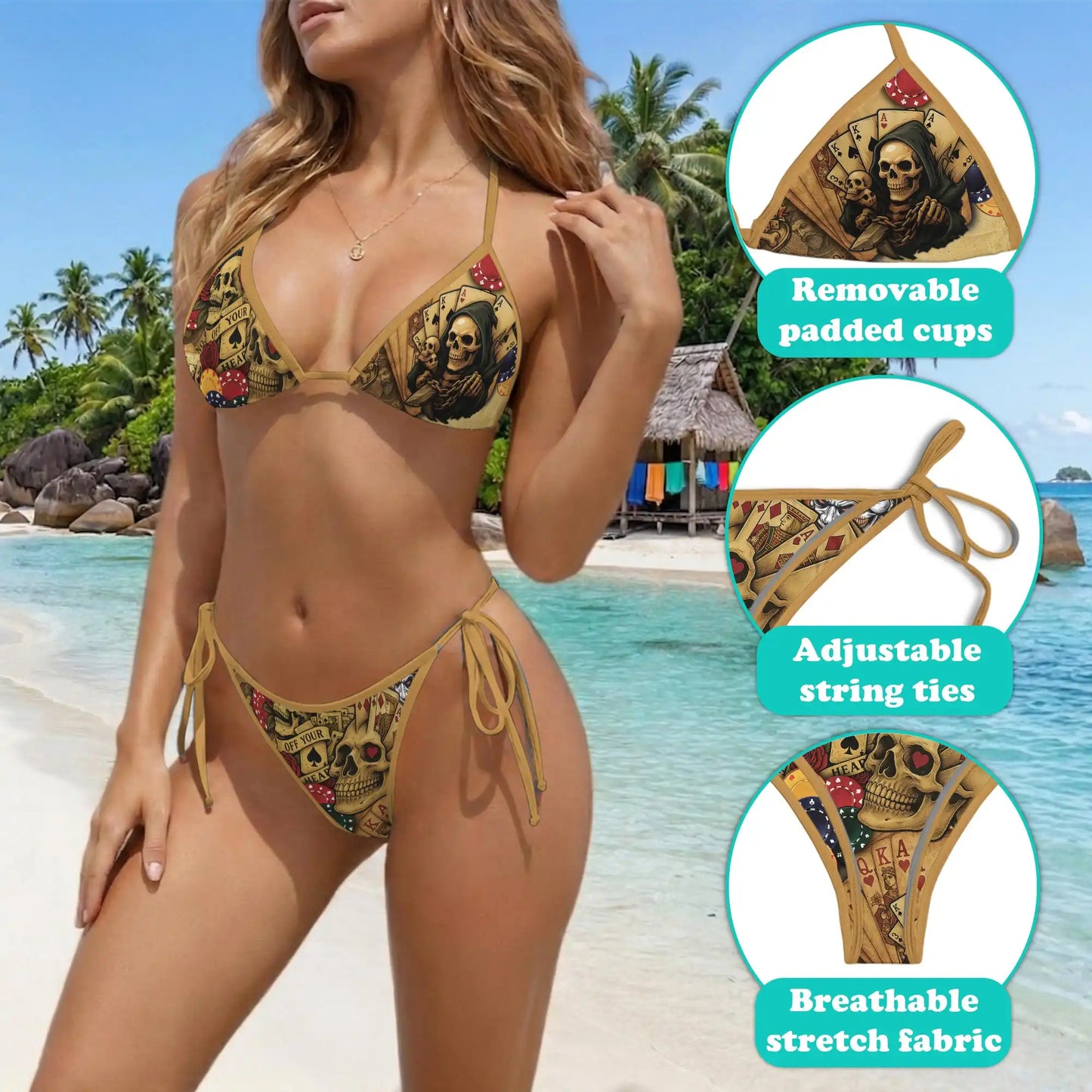 Gambling Poker Bikini Set for Women, Two Piece Swimsuit, Skull Casino Beachwear | Netecom