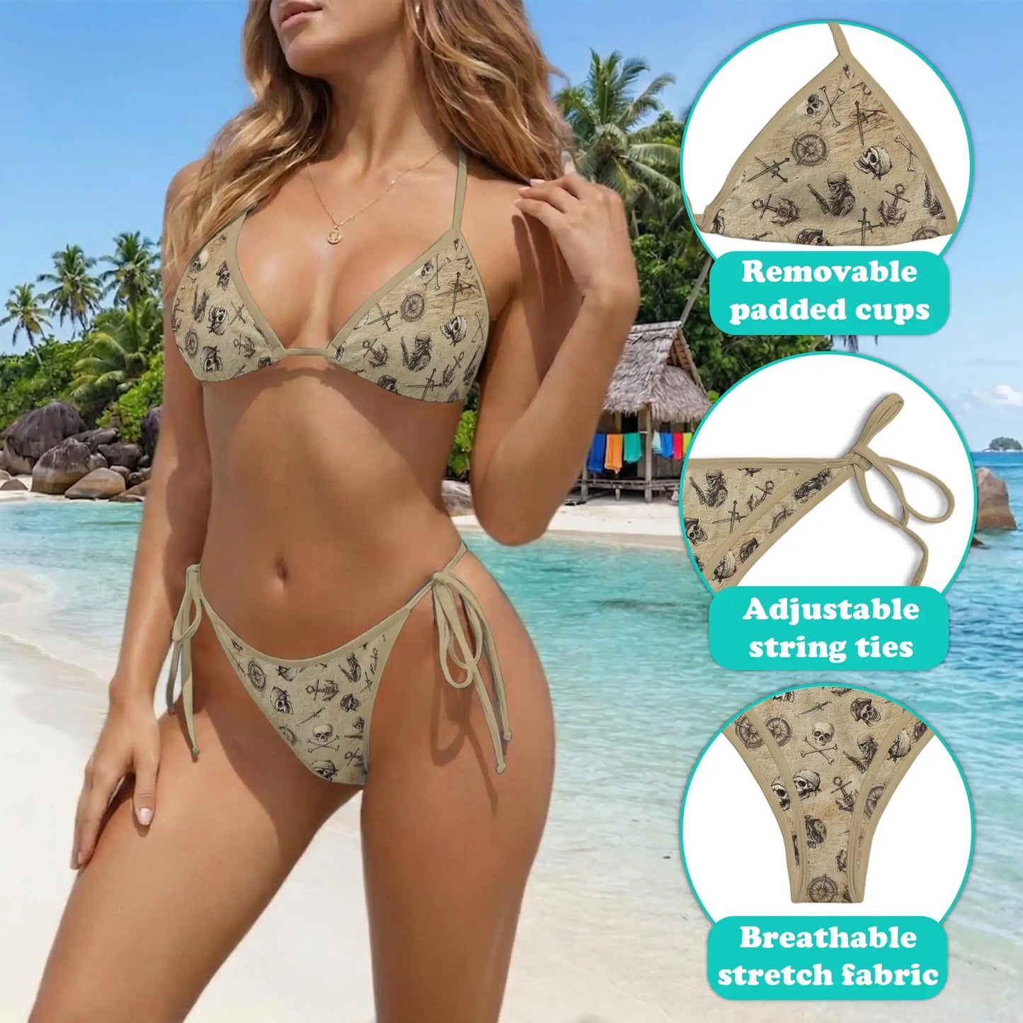 Pirate Skull Bikini Set for Women, Two Piece Swimsuit, Vintage Pirate Beachwear | Netecom