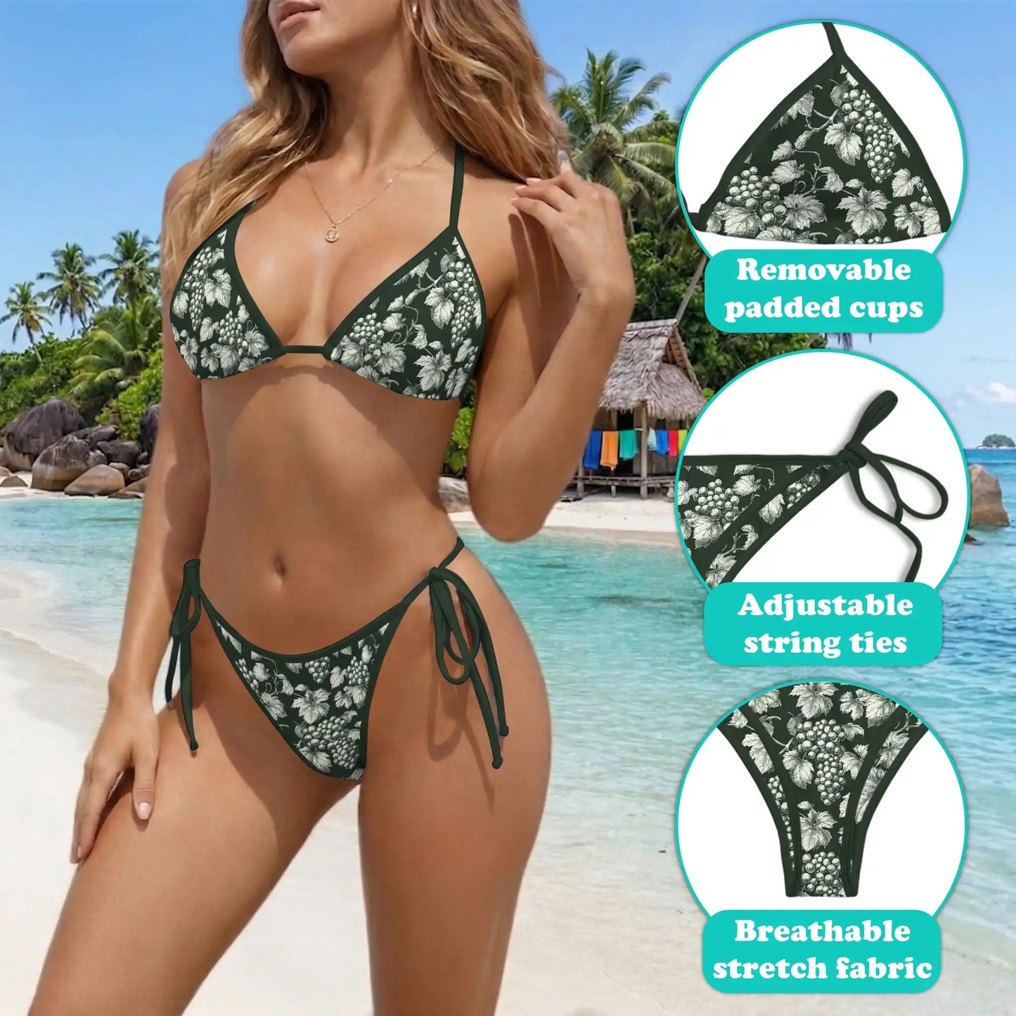 Grape Bikini Set for Women, Two Piece Swimsuit, Botanical Fruit Beachwear | Netecom