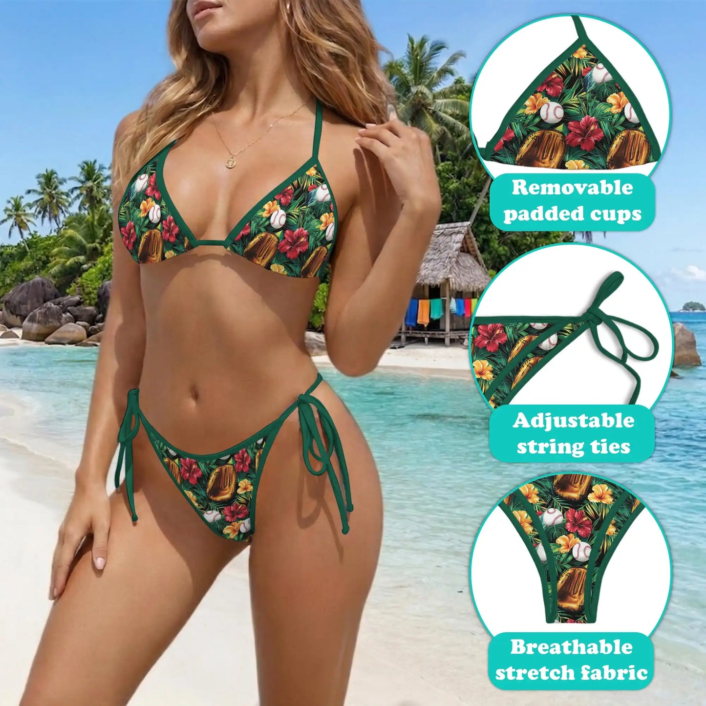 Baseball Bikini Set for Women, Two Piece Swimsuit, Tropical Sports Beachwear | Netecom