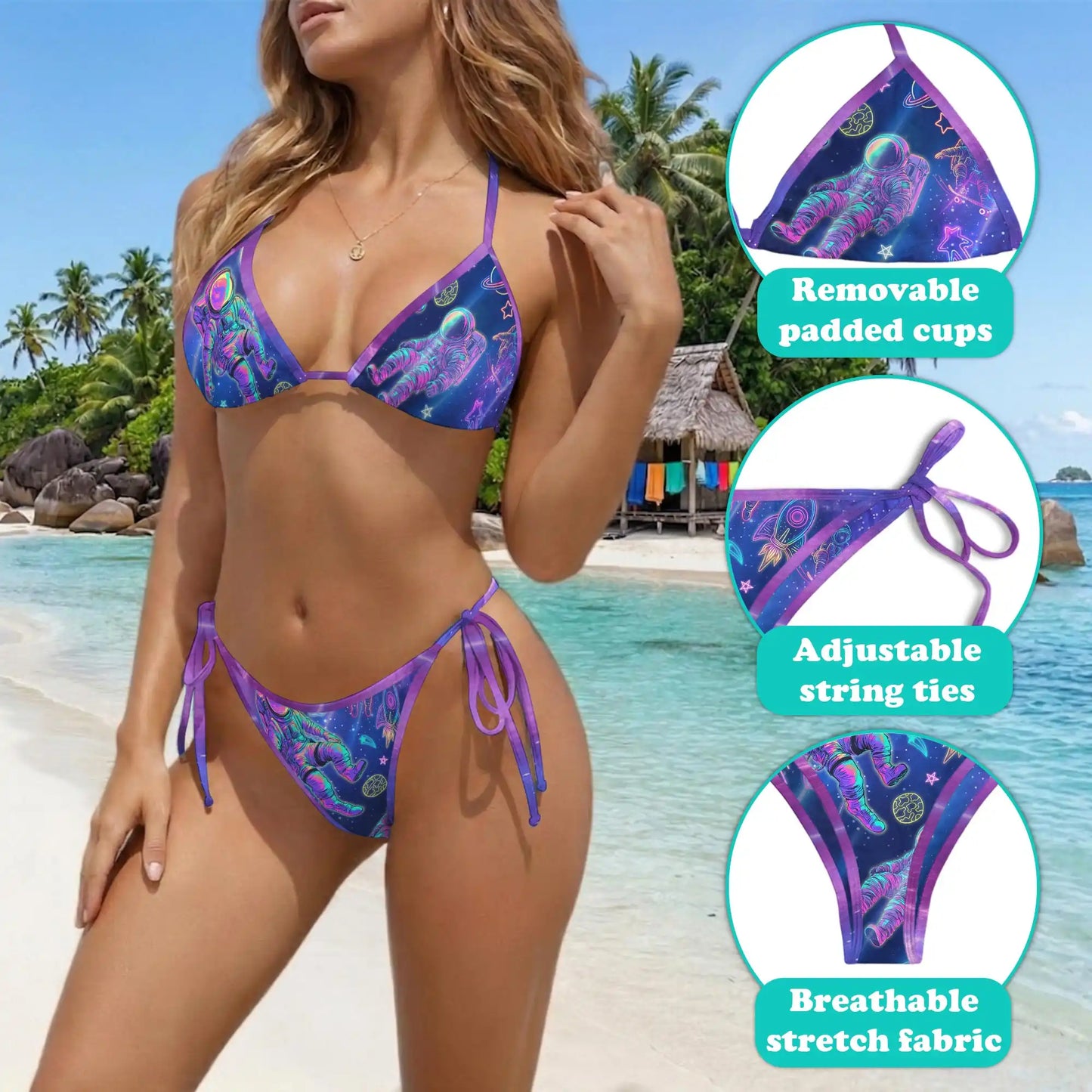 Astronauts Bikini Set for Women, Two Piece Swimsuit, Space and Astronaut Print Beachwear | Netecom