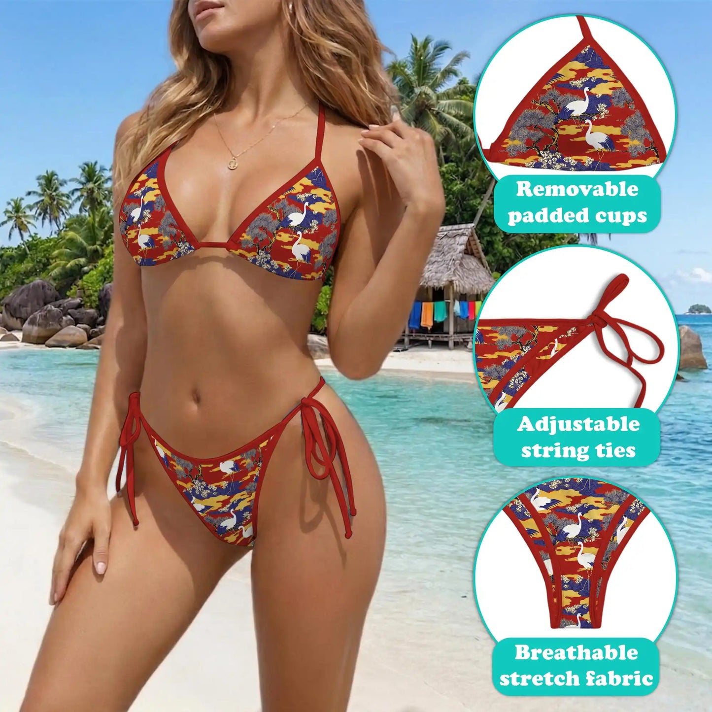 Sakura Redheaded Crane Bikini Set for Women, Two Piece Swimsuit, Japanese Art Beachwear | Netecom