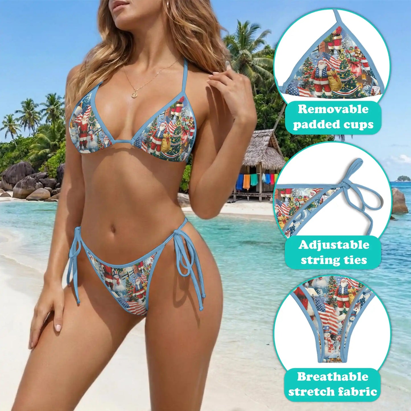 Santa Claus American Bikini Set for Women, Two Piece Swimsuit, Patriotic Christmas Beachwear | Netecom