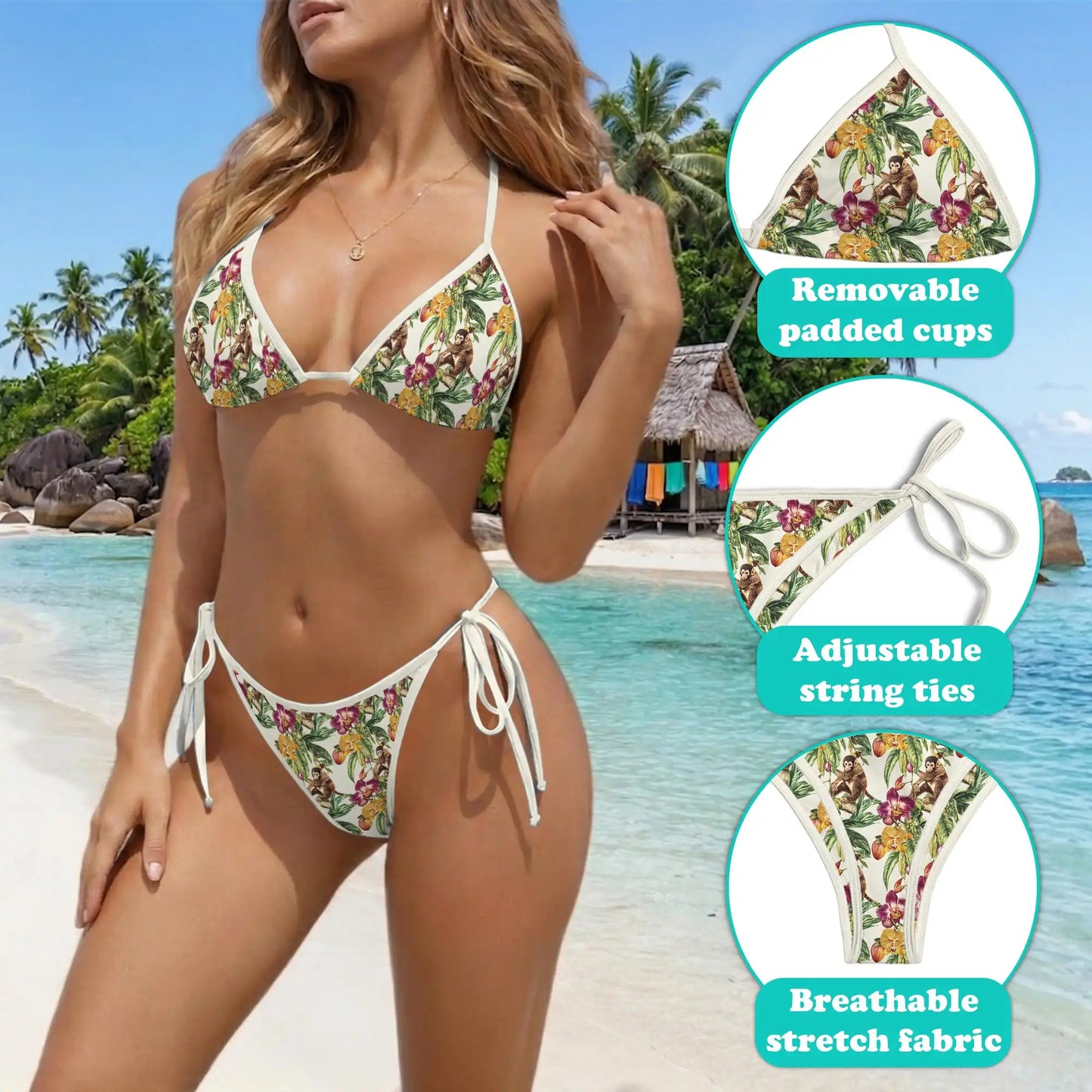 Tropical Monkey Bikini Set for Women, Two Piece Swimsuit, Craft Beachwear | Netecom