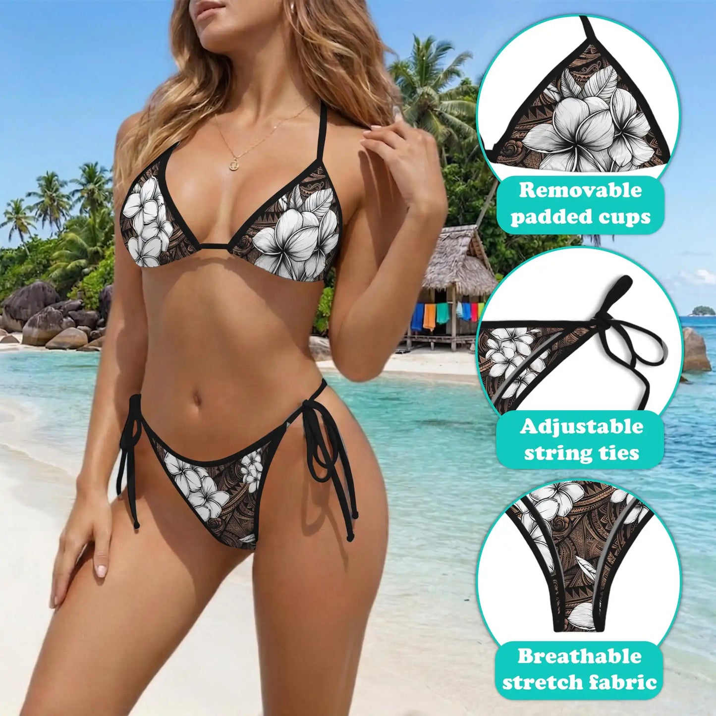 Plumeria Tribe Bikini Set for Women, Two Piece Swimsuit, Tribal Floral Beachwear | Netecom