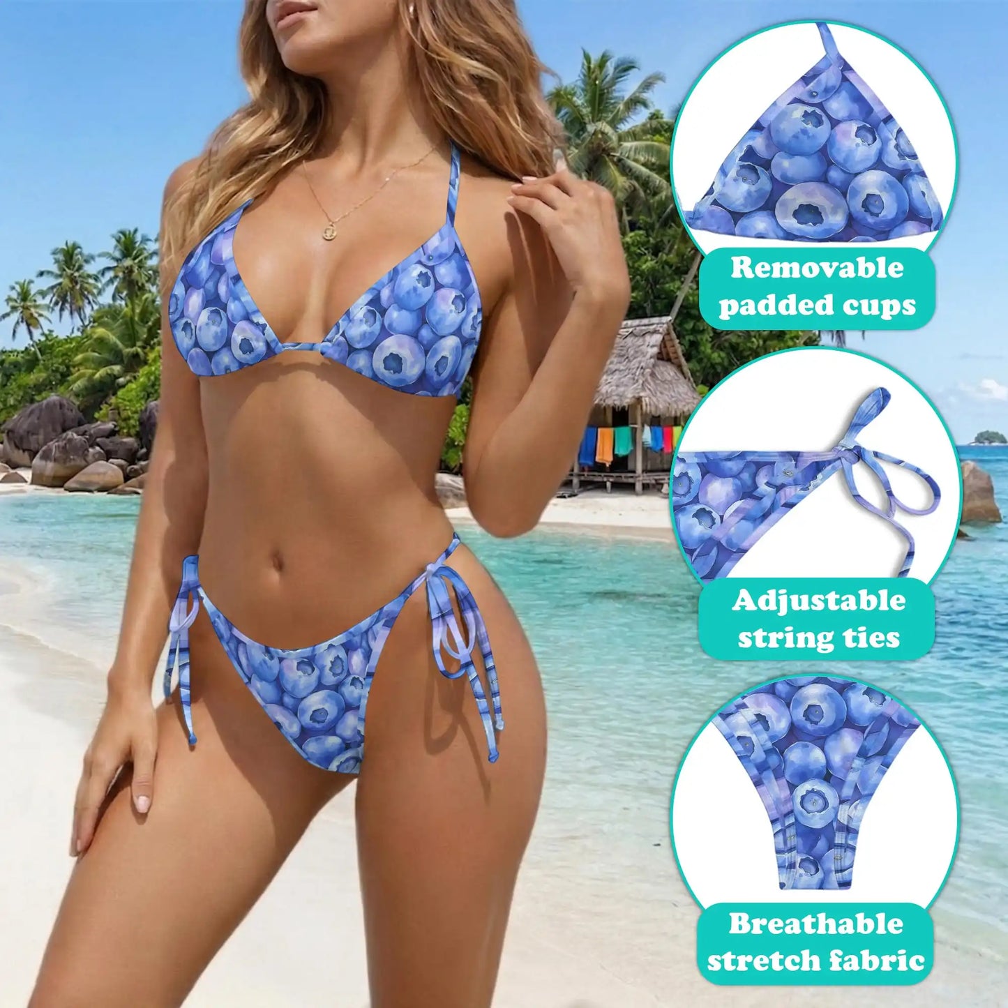 Blueberry Pattern Bikini Set for Women, Two Piece Swimsuit, Fruit Print Beachwear | Netecom