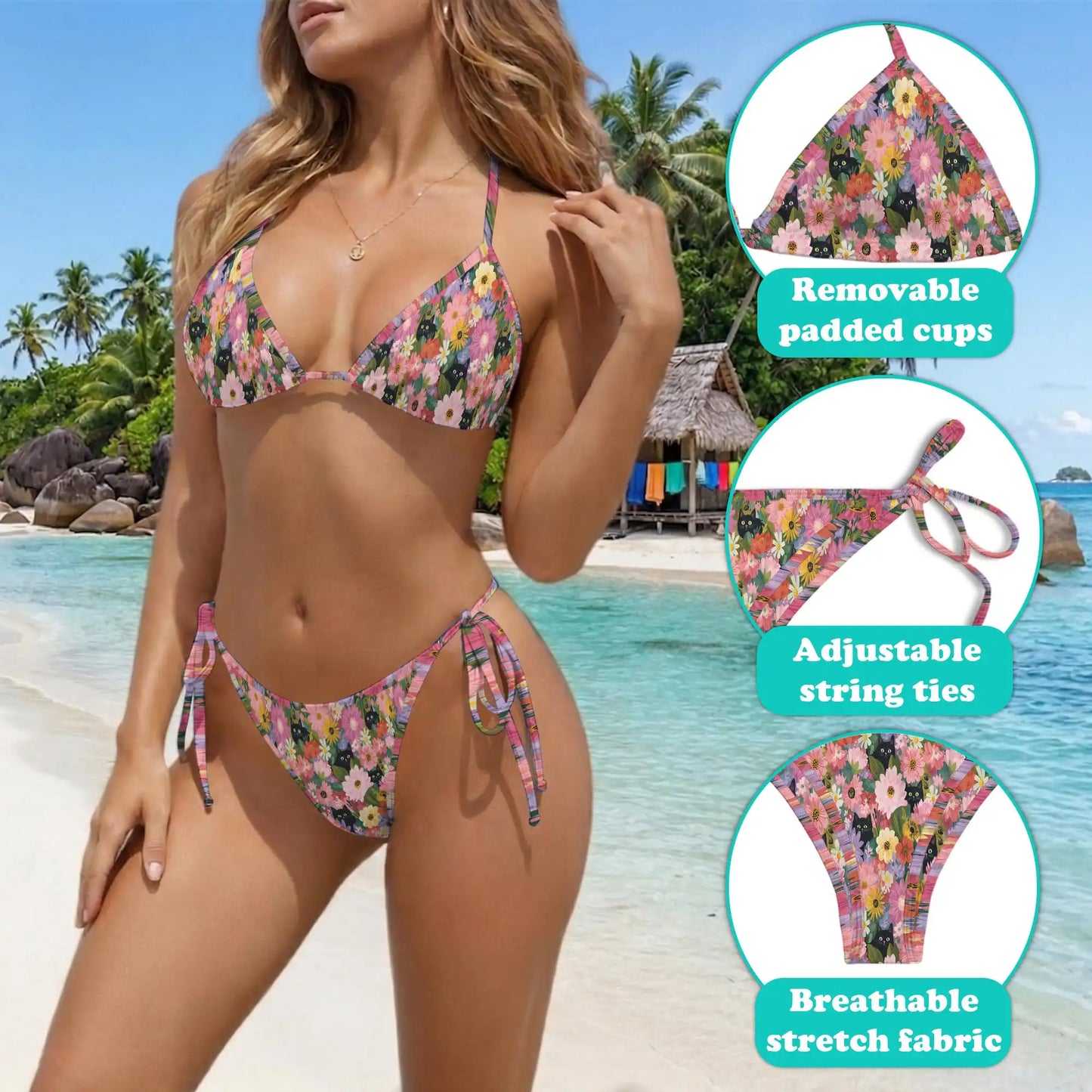 Black Cat in Flower Bikini Set for Women, Two Piece Swimsuit, Floral Cat Beachwear | Netecom