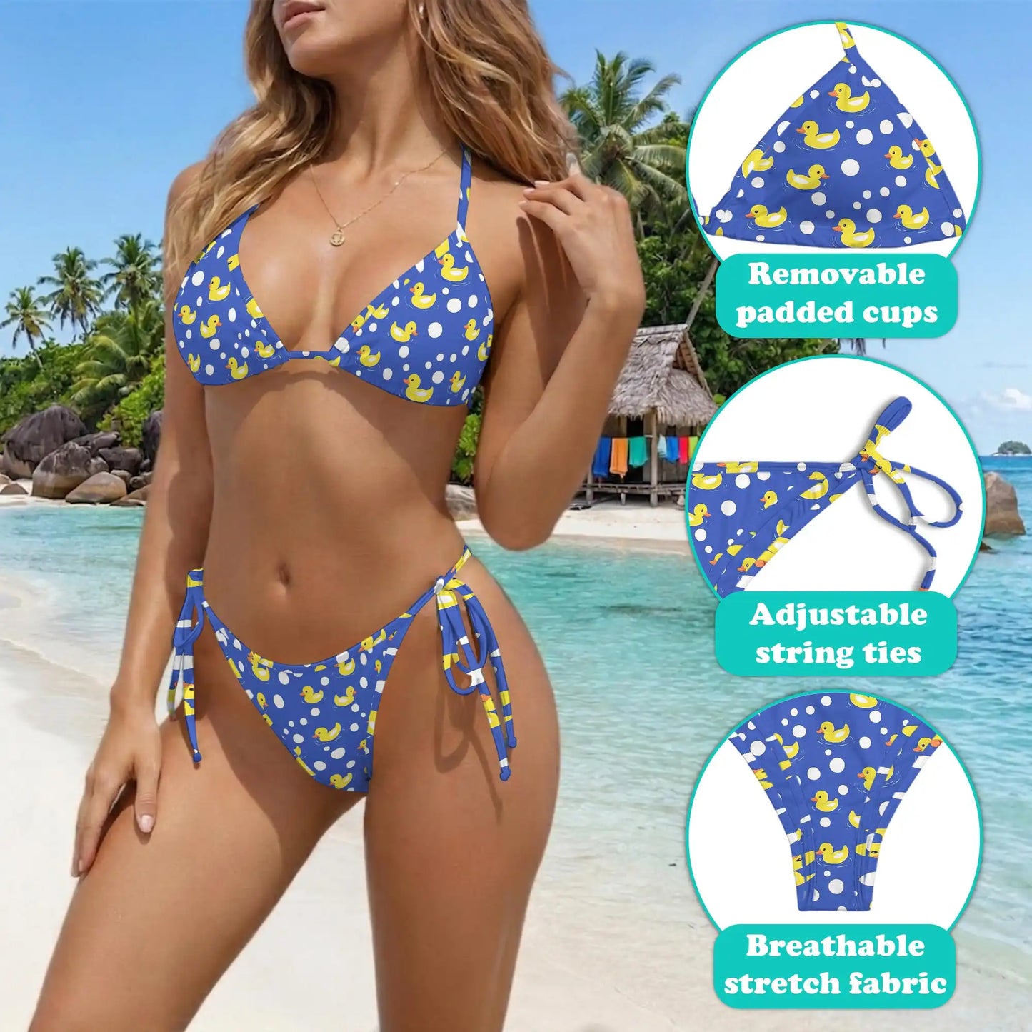 Duck Yellow Pattern Bikini Set for Women, Two Piece Swimsuit, Cute Duck Beachwear | Netecom
