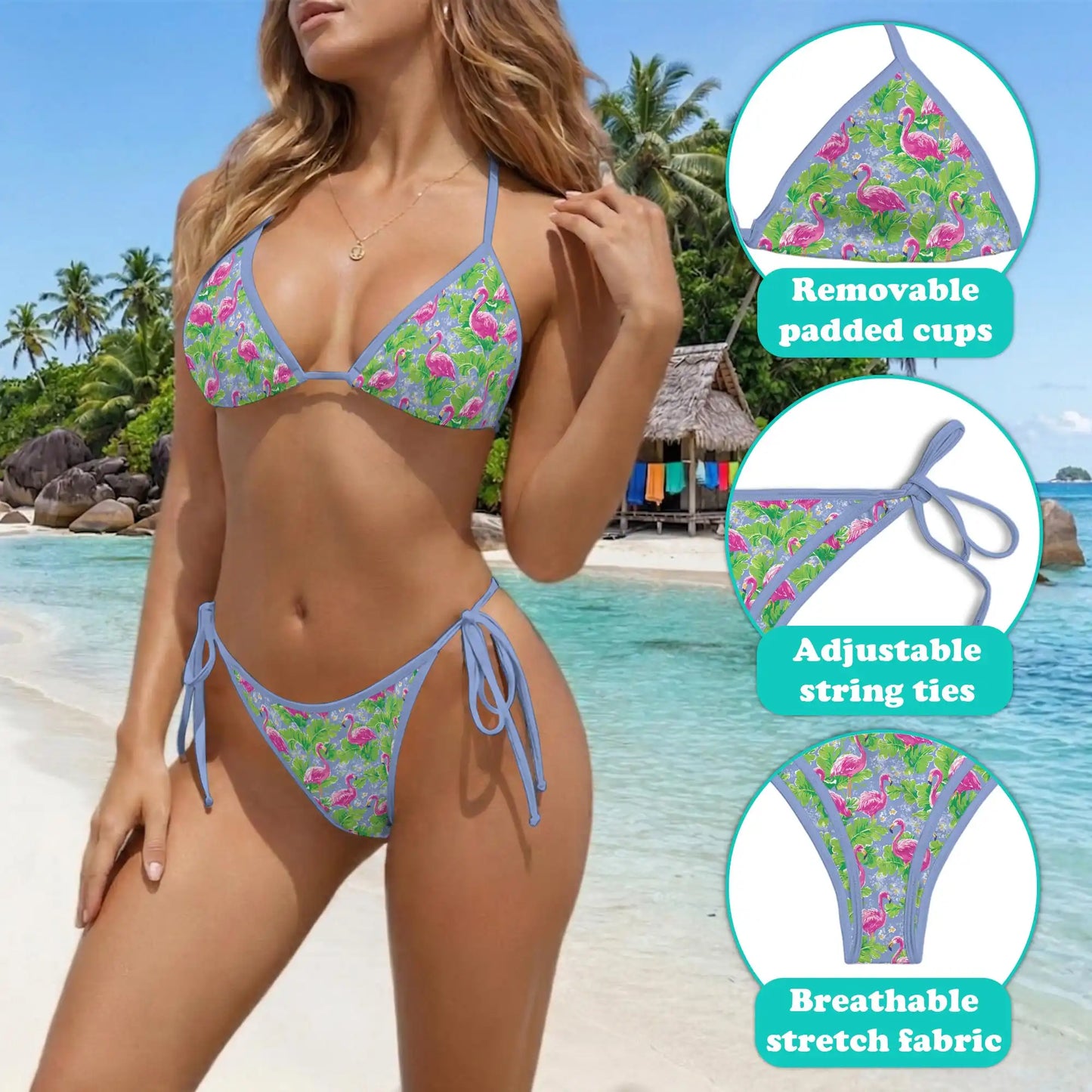 Tropical Flamingo Bikini Set for Women, Two Piece Swimsuit, Floral Bird Beachwear | Netecom
