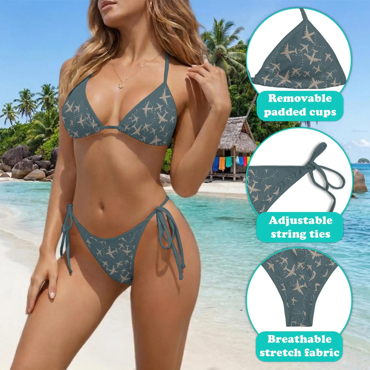 Airplane Print Bikini Set for Women, Two Piece Swimsuit, Aviation Travel Beachwear | Netecom