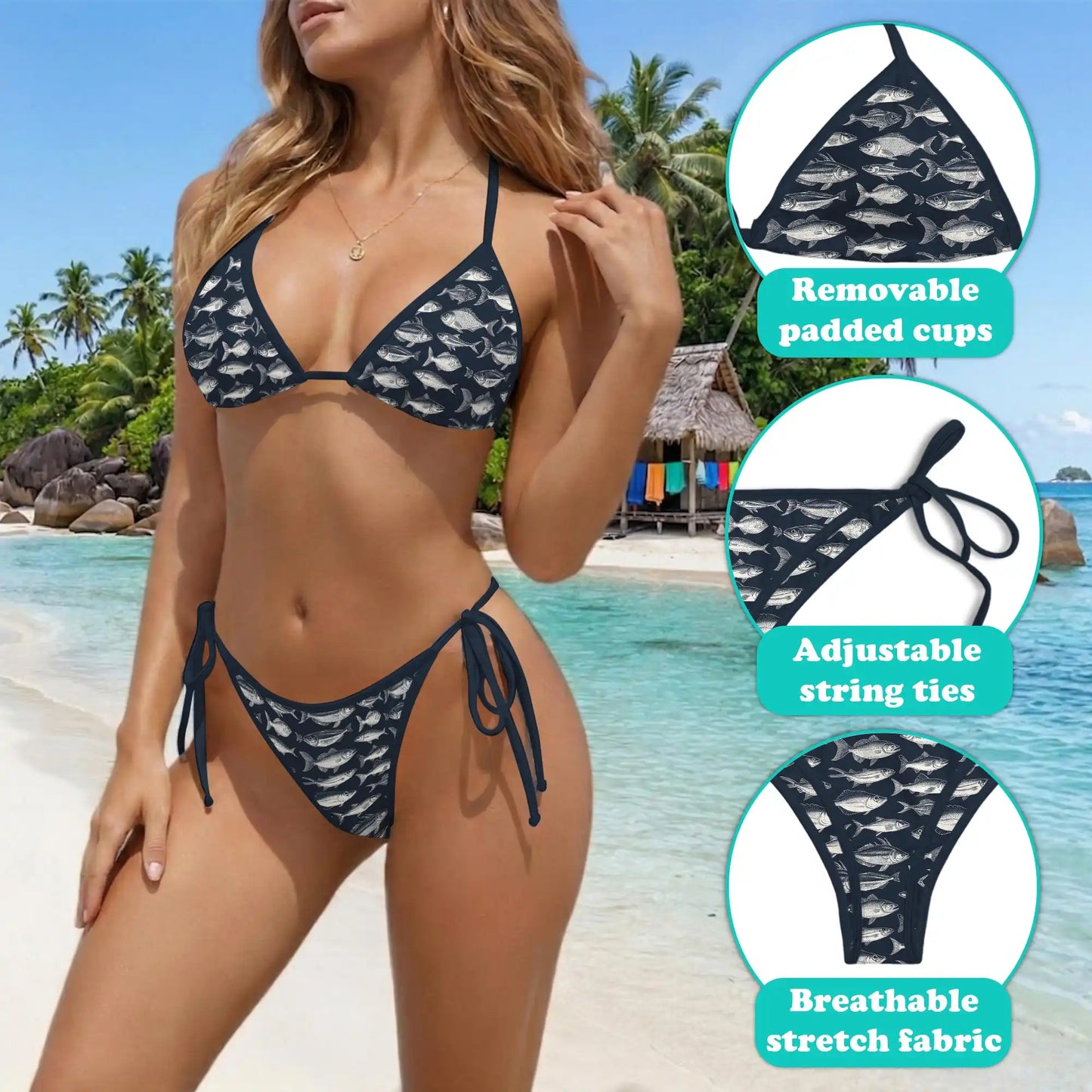 Vintage Blue Fish Bikini Set for Women Two Piece Swimsuit – Nautical Fish Print Bikini Set | Netecom