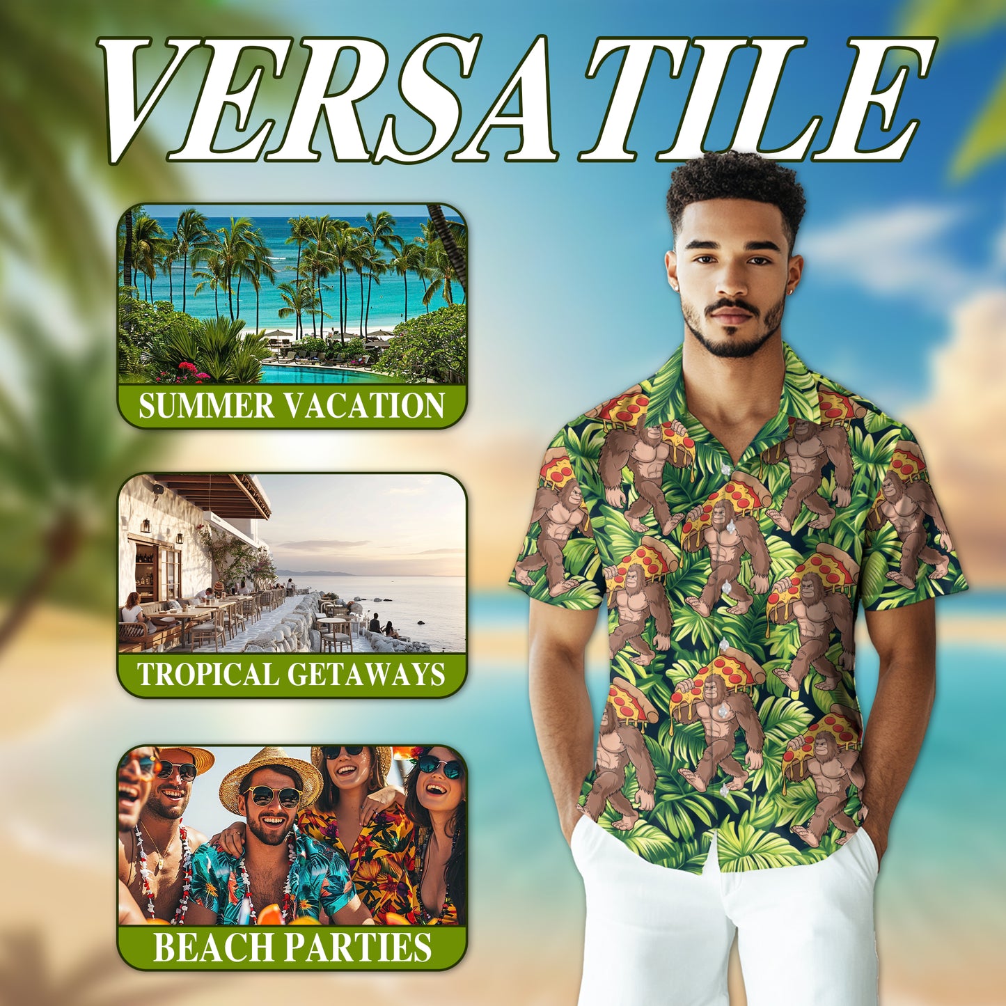 Netecom Bigfoot Carrying Pizza Hawaiian Shirt, Bigfoot Lover Gifts, Tropical Button Down Summer Short Sleeve Shirts