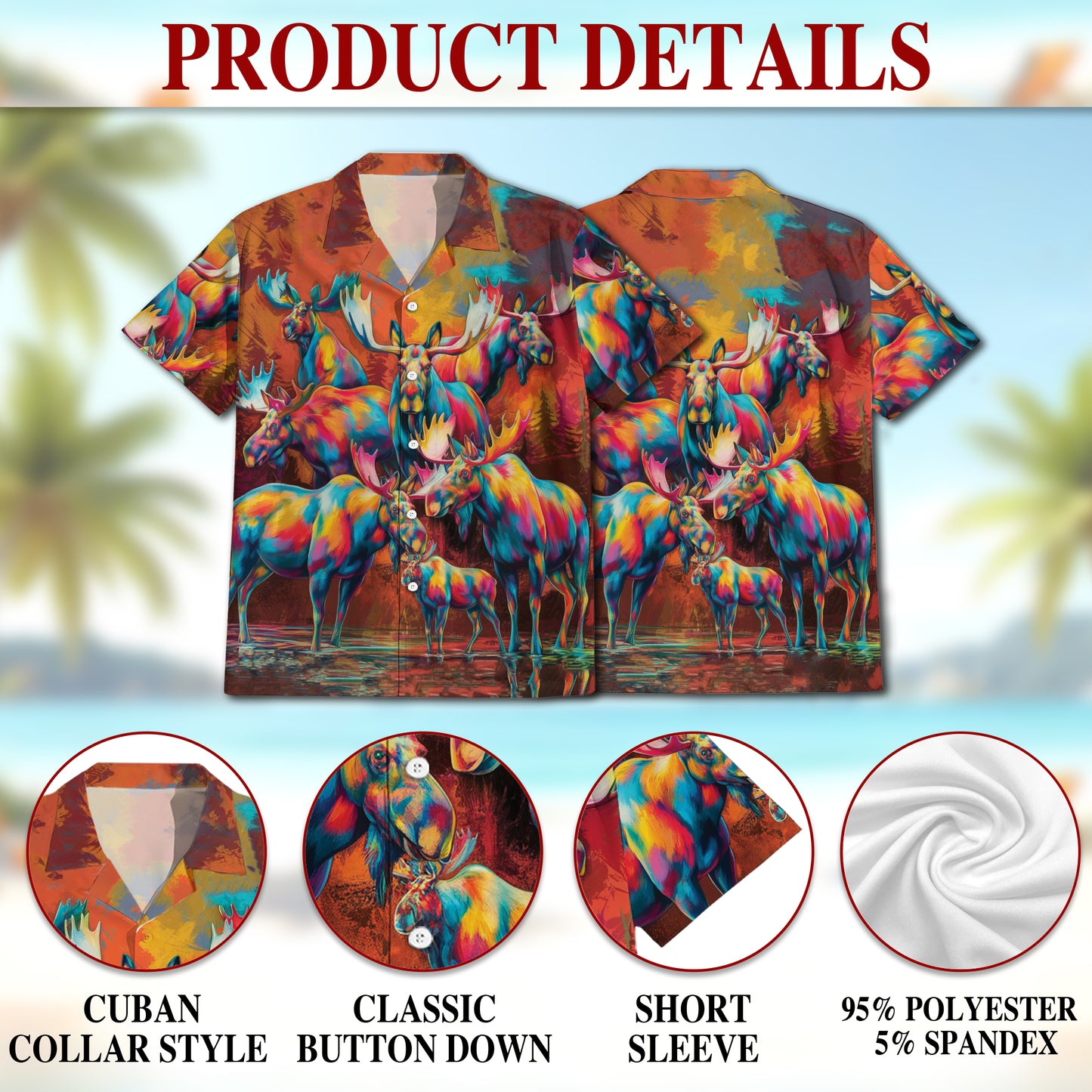 Netecom Moose Colorful Hawaiian Shirt for Men, Button Down Summer Beach Short Sleeve, Animal Lover Gifts, S-5XL