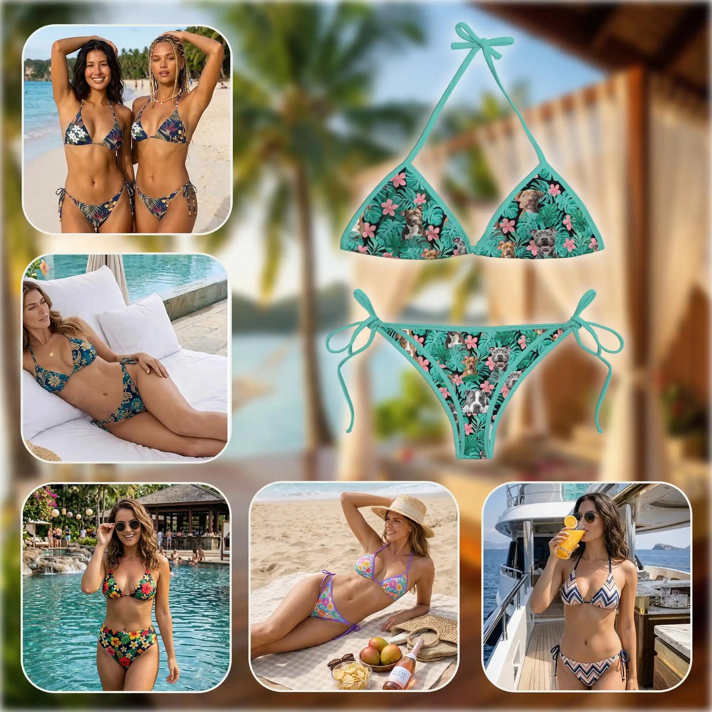 Pitbull Hibiscus Bikini Set for Women, Two Piece Swimsuit, Tropical Dog Beachwear | Netecom