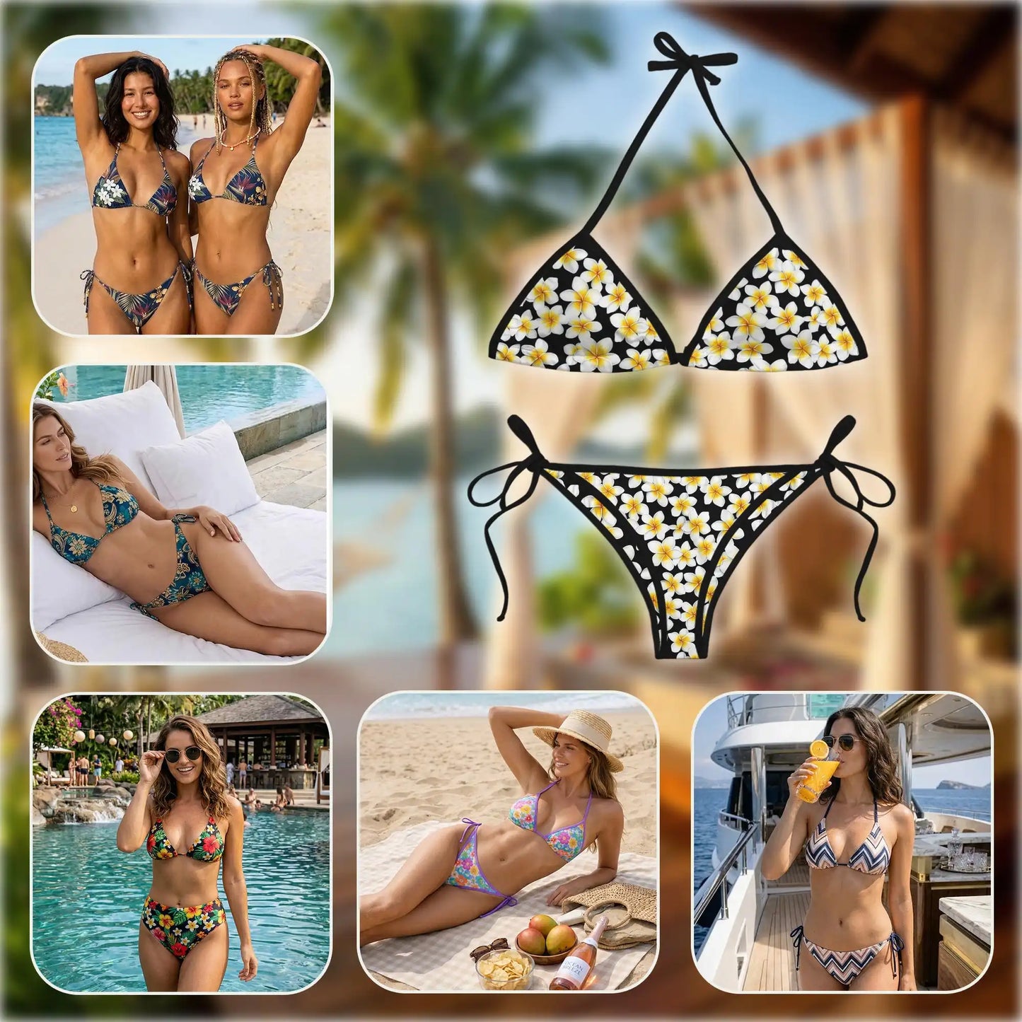 Plumeria Flower Bikini Set for Women, Two Piece Swimsuit, Tropical Plumeria Print Beachwear | Netecom
