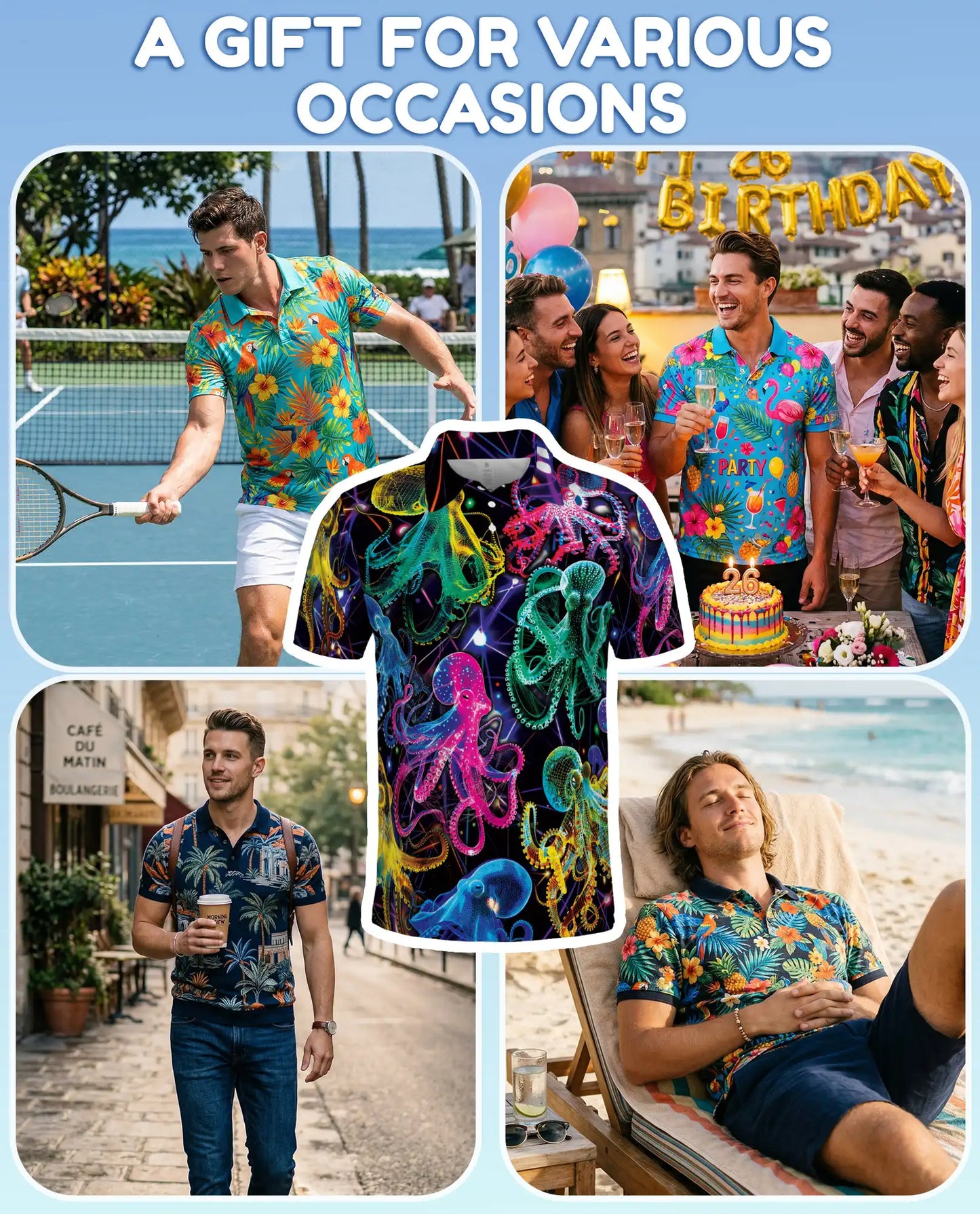 Neon Octopus Polo Shirt for Men – Vibrant Ocean Life | Netecom