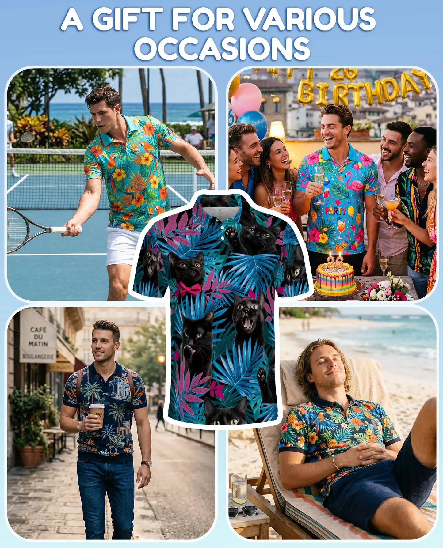 Black Cat Tropical Polo Shirt - Neon Jungle Kitty Style | Netecom